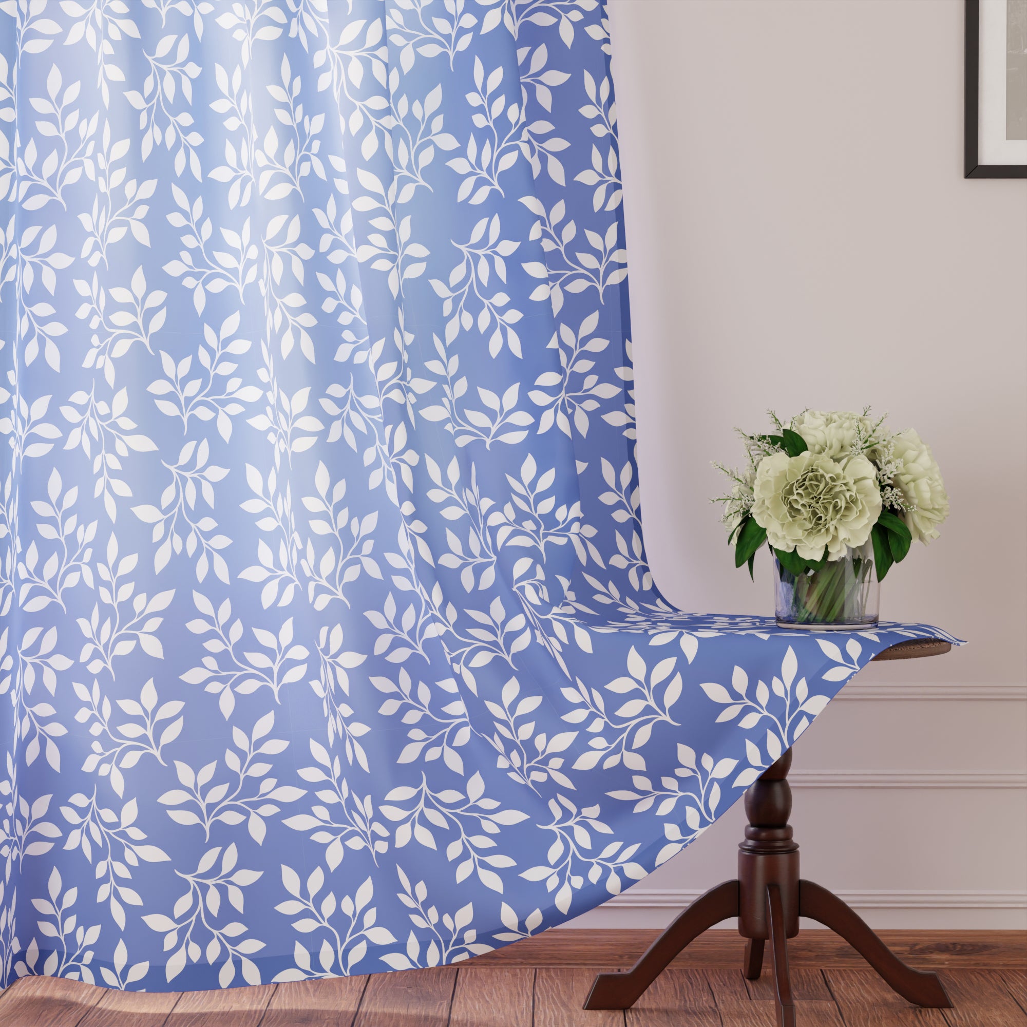 Polyester Reverse Leaf Blue Curtain (Pack of 2)