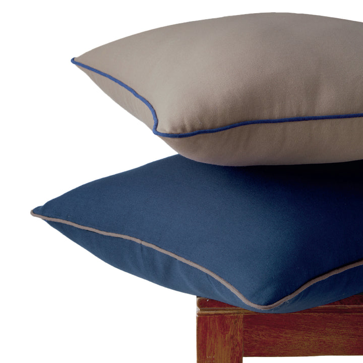 Cotton Navy+Beige Cushion Cover (Pack of 2)