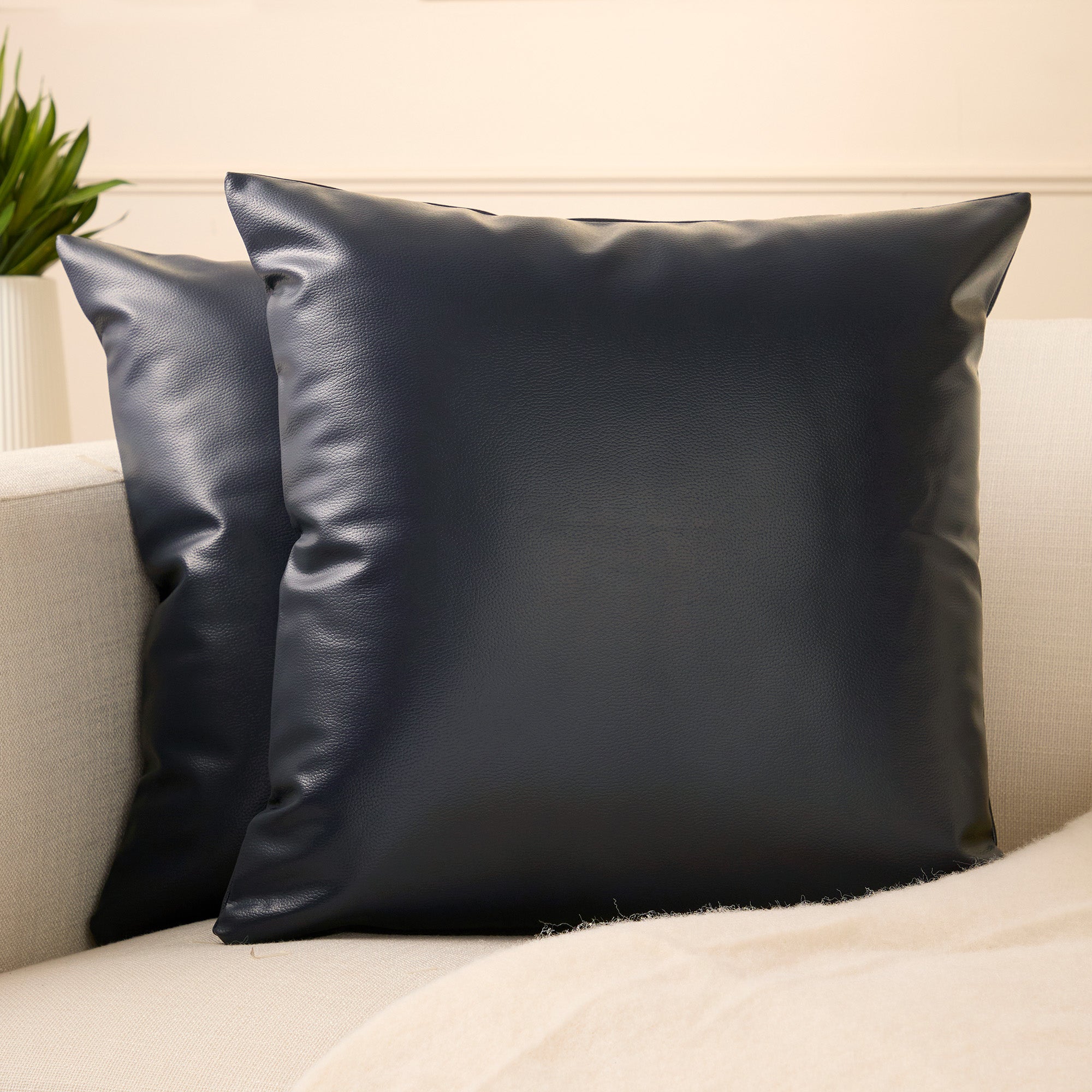 PVC Leather Navy Blue Cushion Cover (Pack of 2)