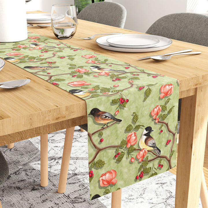 Blackout Polyester Sage Green Birds Table Runner (Pack of 1)