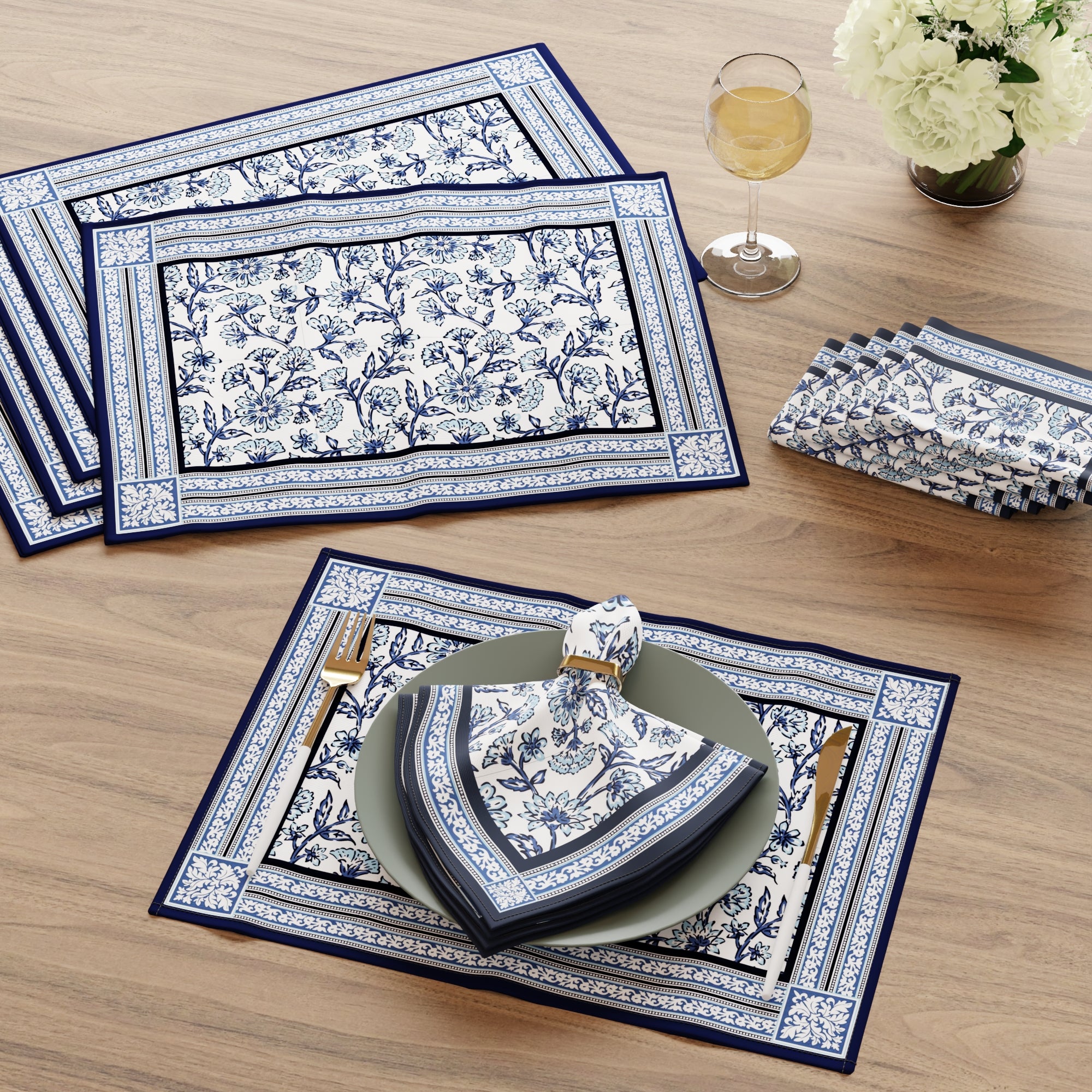Cotton Canvas Indigo-02 Placemat + Table Napkins