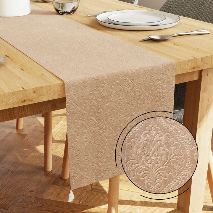 Embossed Velvet Beige Table Runner