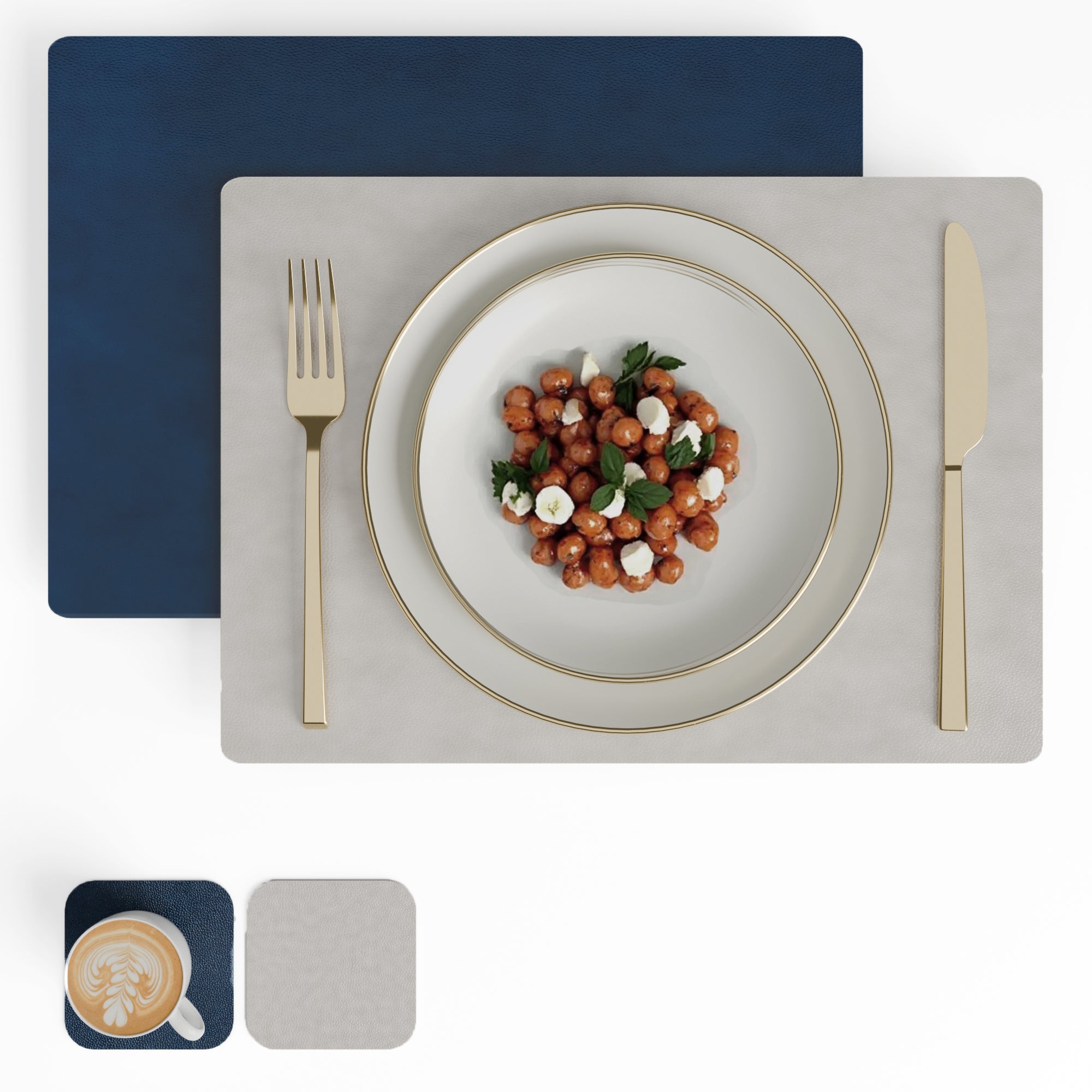 2 Sided Leather Grey & Blue Placemat + Coaster