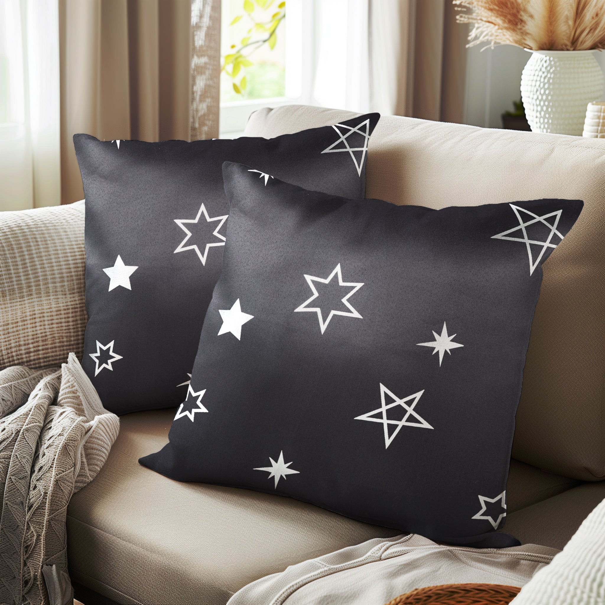 Blackout Polyester Star Grey Cushion Cover (Pack of 2)