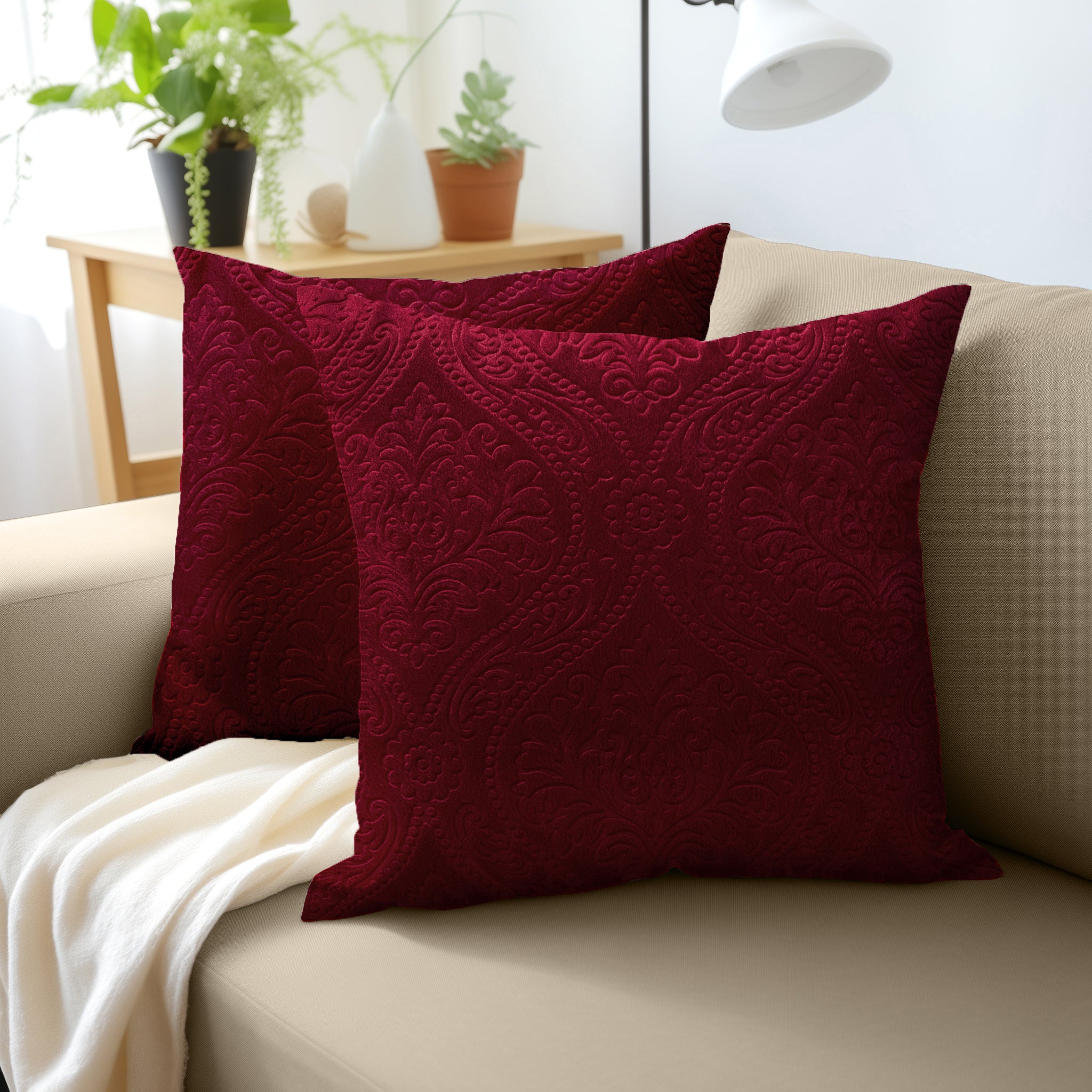 Embossed Velvet Maroon Cushion Cover (Pack of 2)