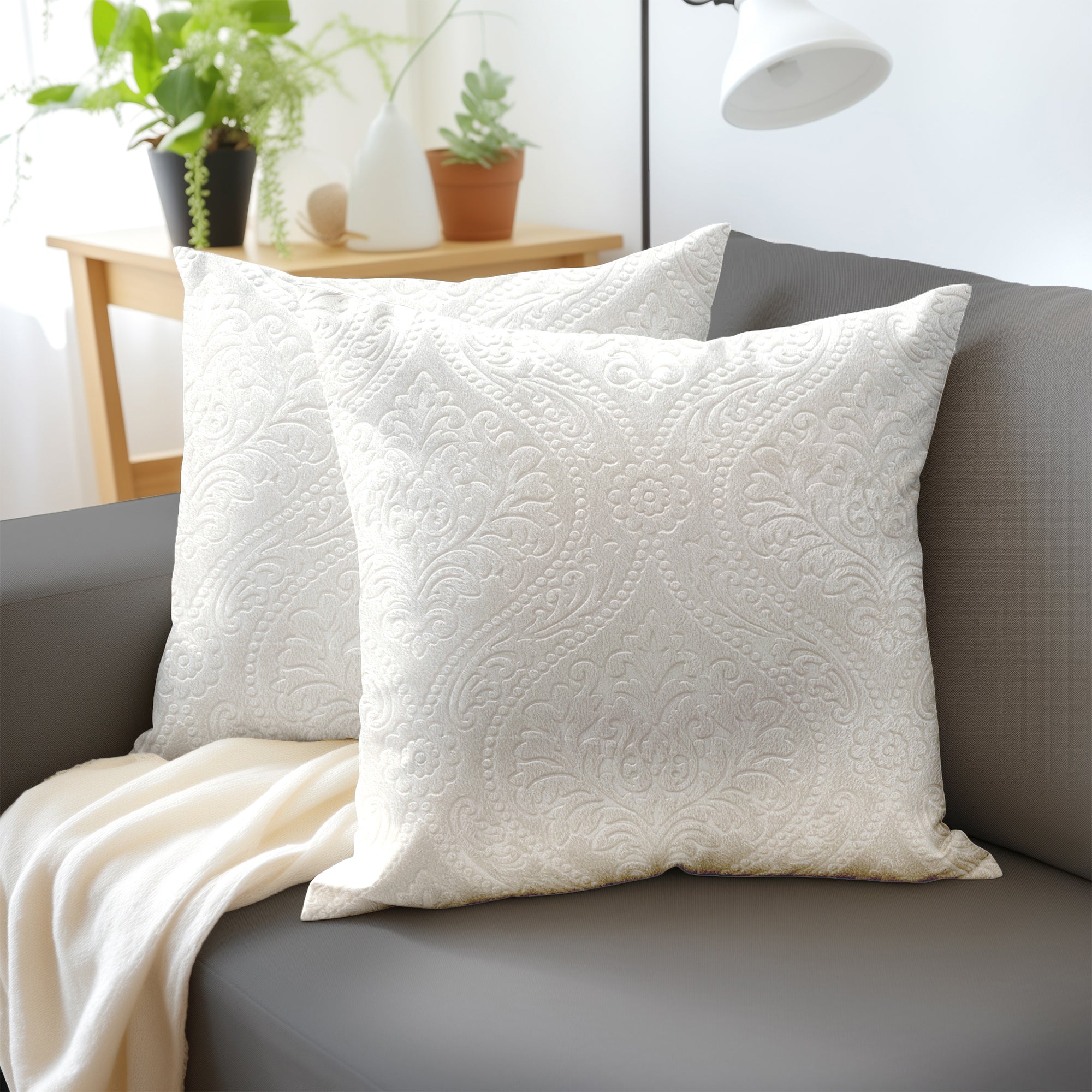 Embossed Velvet White Cushion Cover (Pack of 2)