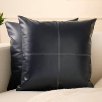 PVC Leather Navy Blue Stitch Cushion Cover (Pack of 2)