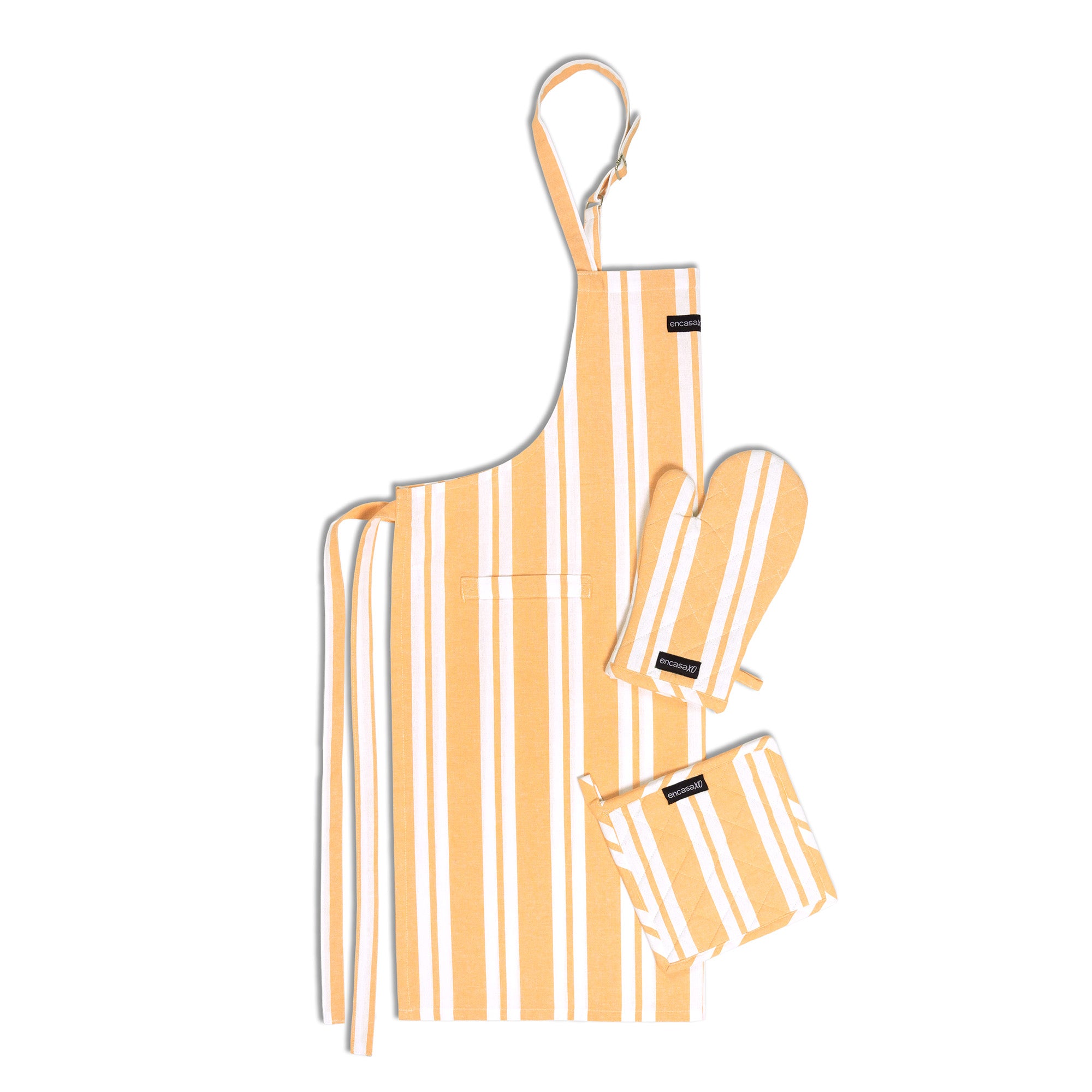 Cotton Franca Yellow Stripes Apron + Oven Glove + Pot Holder (Pack of 3)