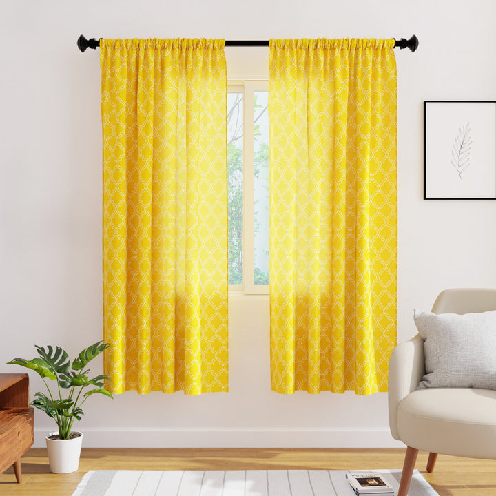 Polyester Trellis Yellow Curtain (Pack of 2)