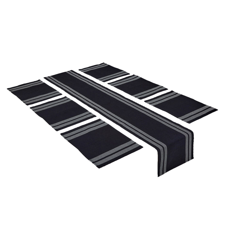 Cotton Ladder Black Table Runner+Placemat (Pack of 7)