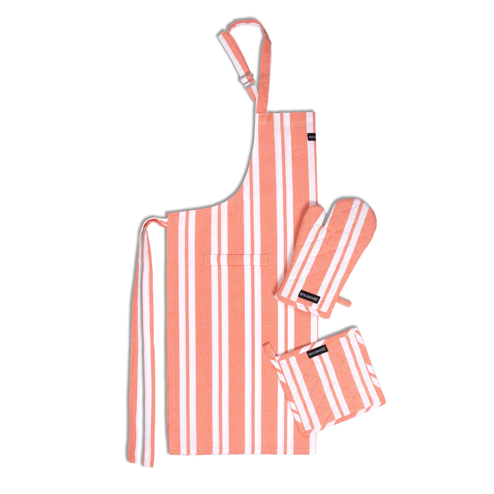 Cotton Franca Orange Stripes Apron + Oven Glove + Pot Holder (Pack of 3)