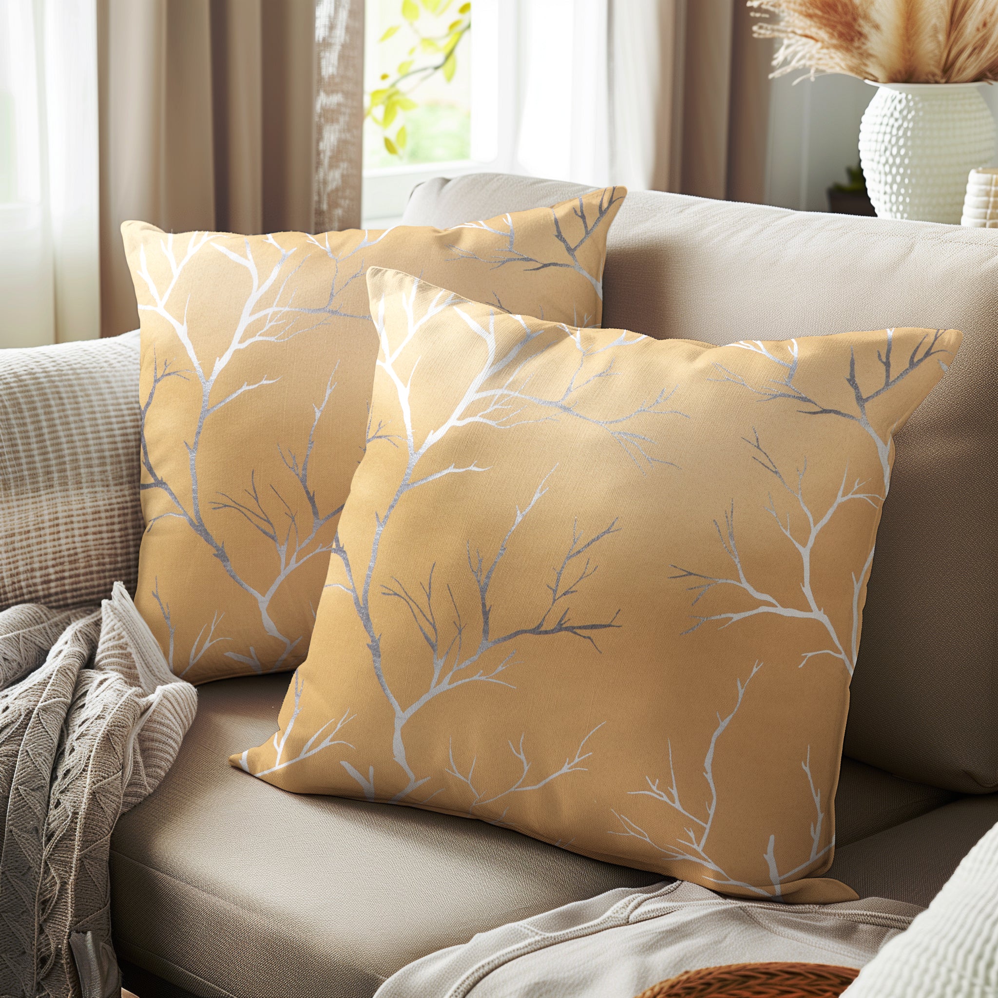 Blackout Polyester Twigs Beige Cushion Cover (Pack of 2)