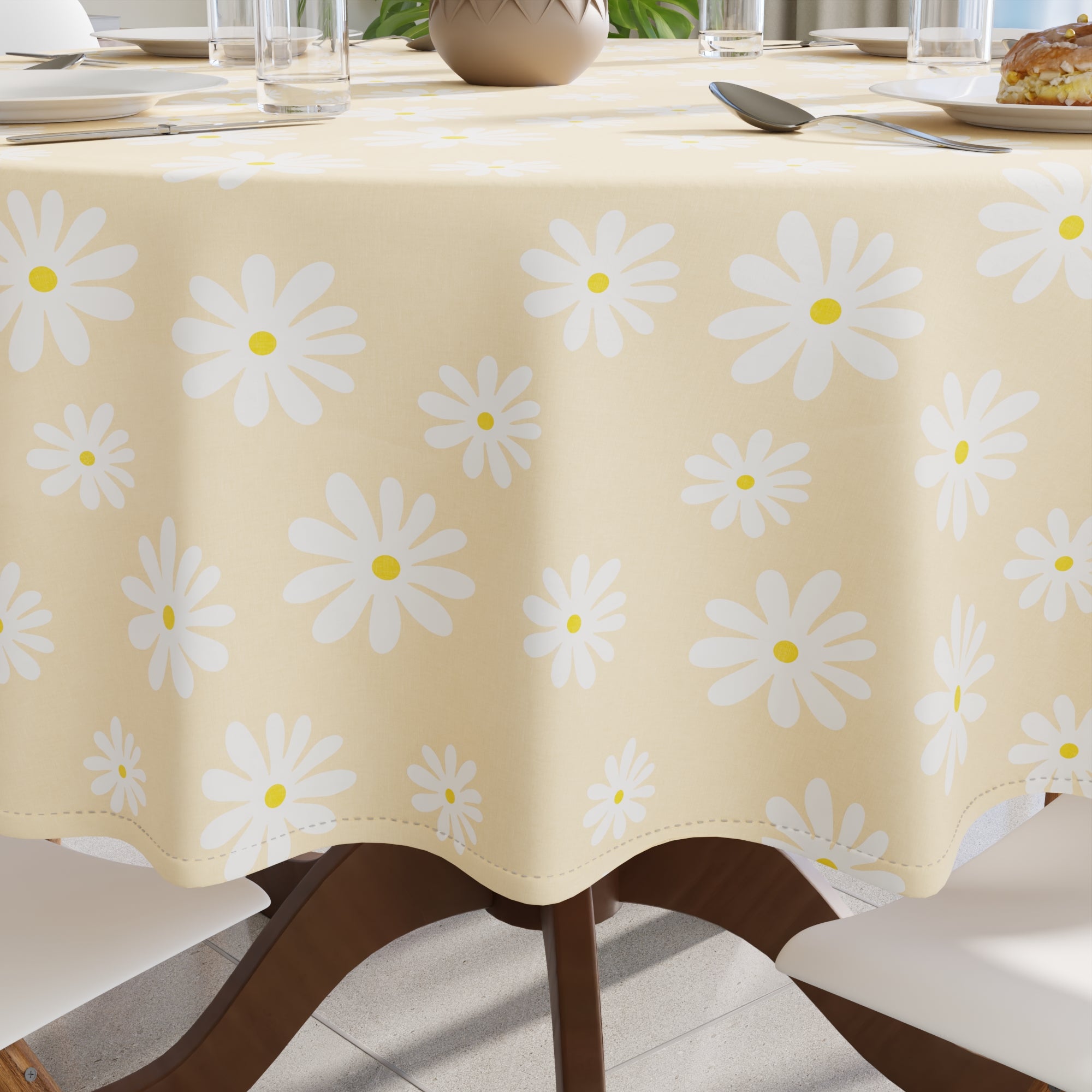 Cotton Daisy Beige Table Cloth (Pack of 1)