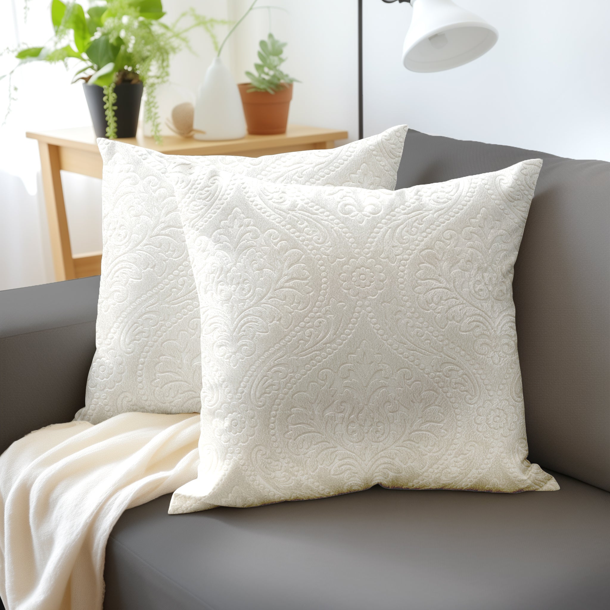 Embossed Velvet Cream Cushion Cover (Pack of 2)