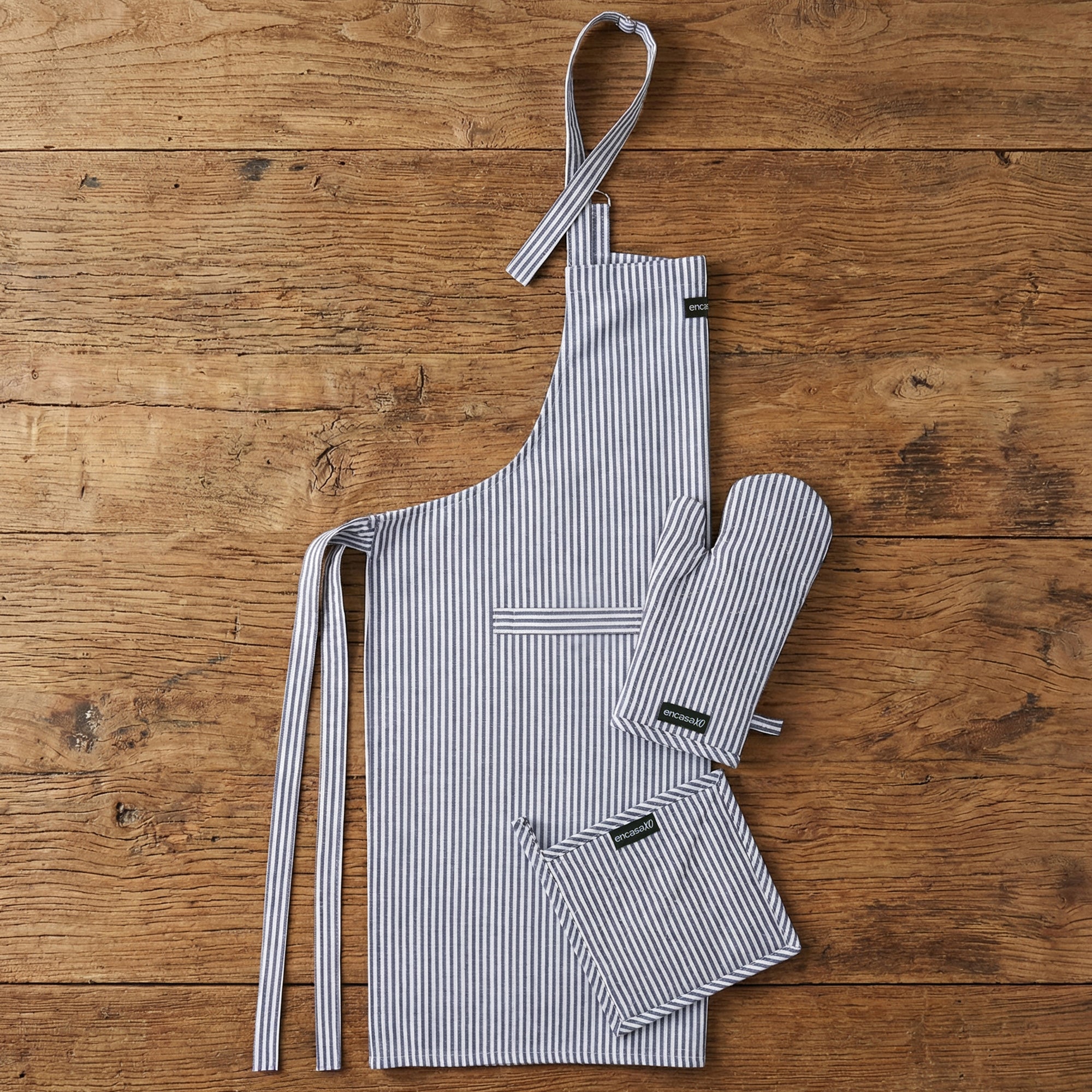 Cotton Ticking Navy Blue Apron + Oven Glove + Pot Holder (Pack of 3)