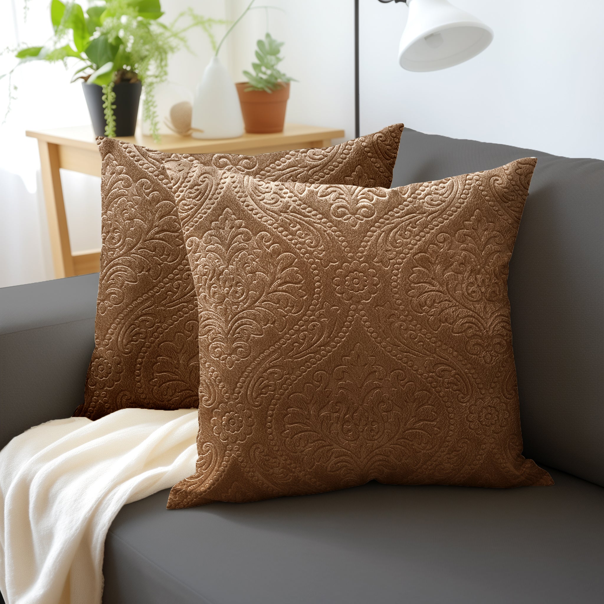 Embossed Velvet Coffee Cushion Cover (Pack of 2)
