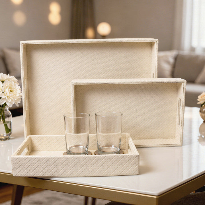 Leather Cream Leather Serving Tray Combo
