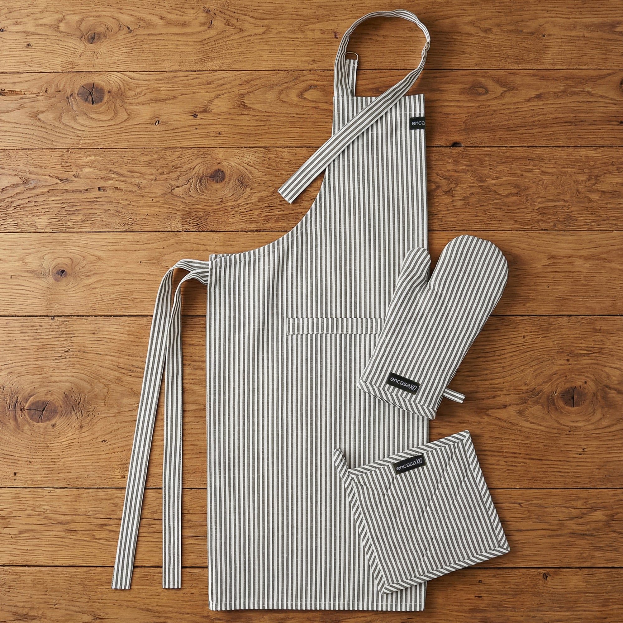 Cotton Ticking Black Apron + Oven Glove + Pot Holder (Pack of 3)