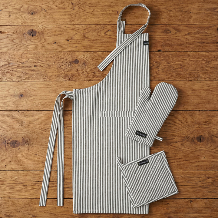 Cotton Ticking Black Apron + Oven Glove + Pot Holder (Pack of 3)