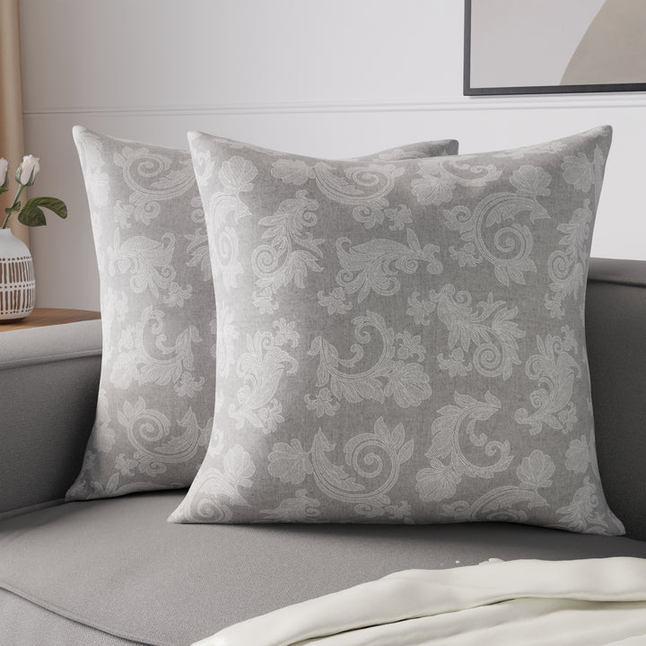 Chambray Cotton Floral Grey Cushion Cover (Pack of 2)