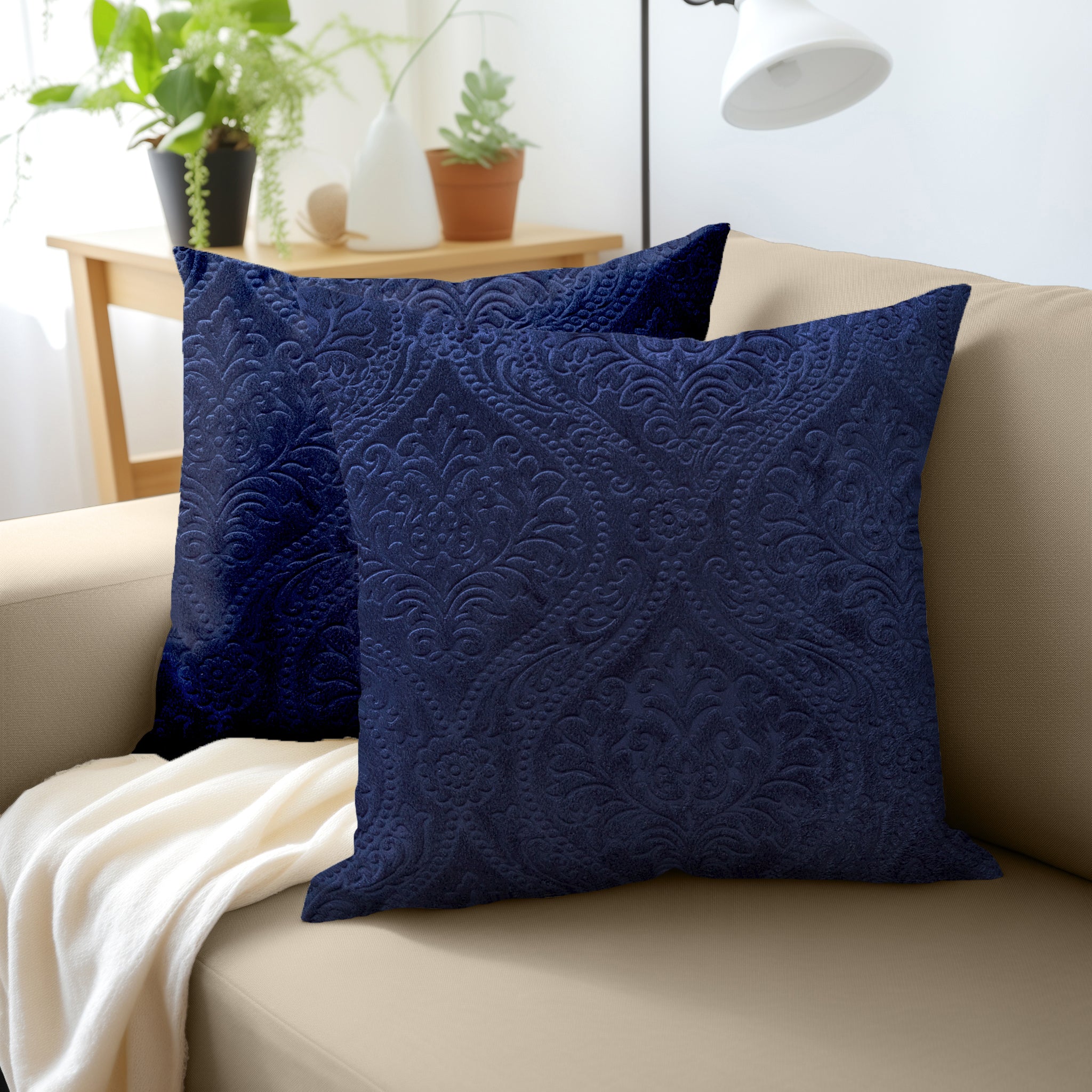 Embossed Velvet Navy Blue Cushion Cover (Pack of 2)