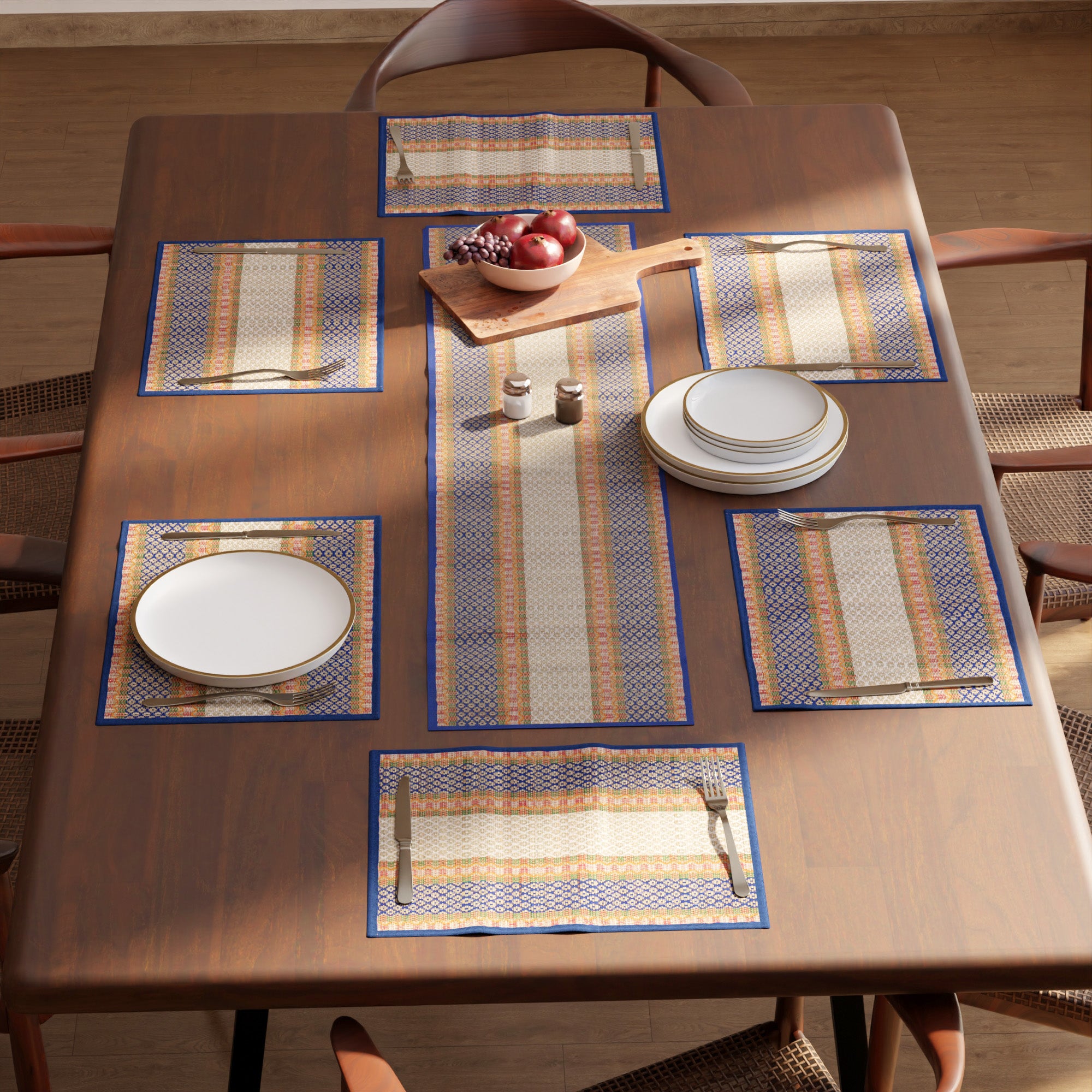 Madur Kathi Blue Table Runner+Placemat (Pack of 7)