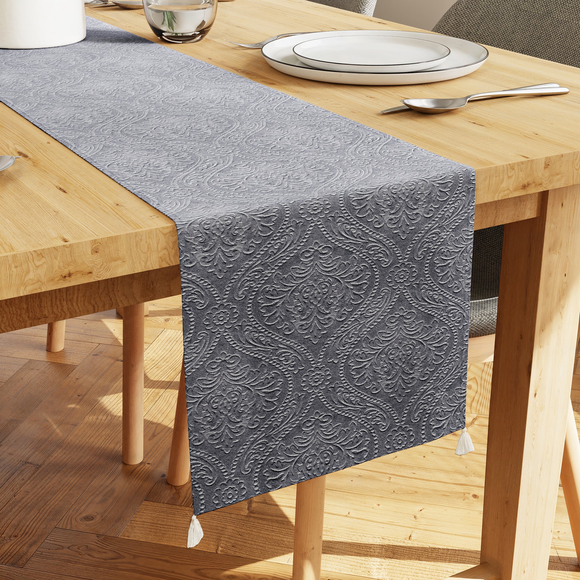 Embossed Velvet Grey Table Runner