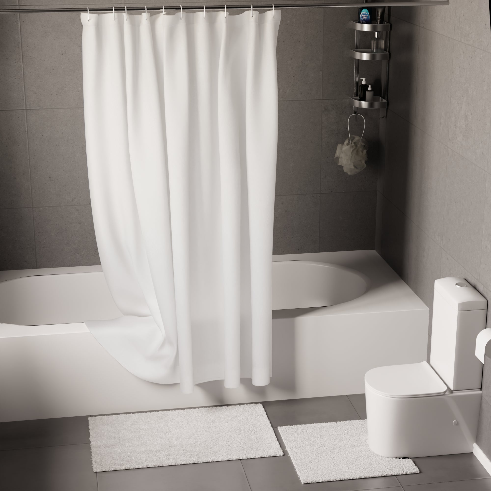 Polyester White Shower Curtain + Bathmat (Pack of 3)