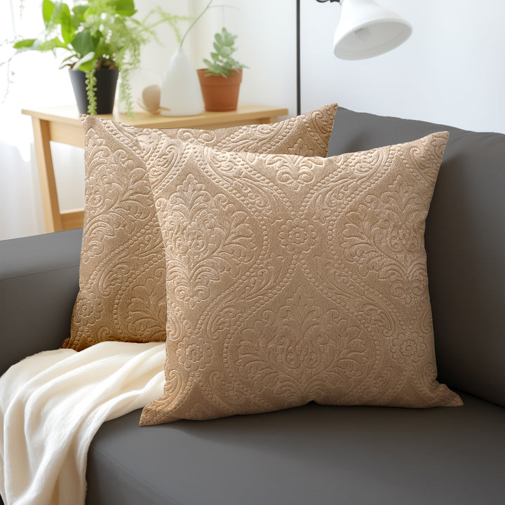 Embossed Velvet Beige Cushion Cover (Pack of 2)