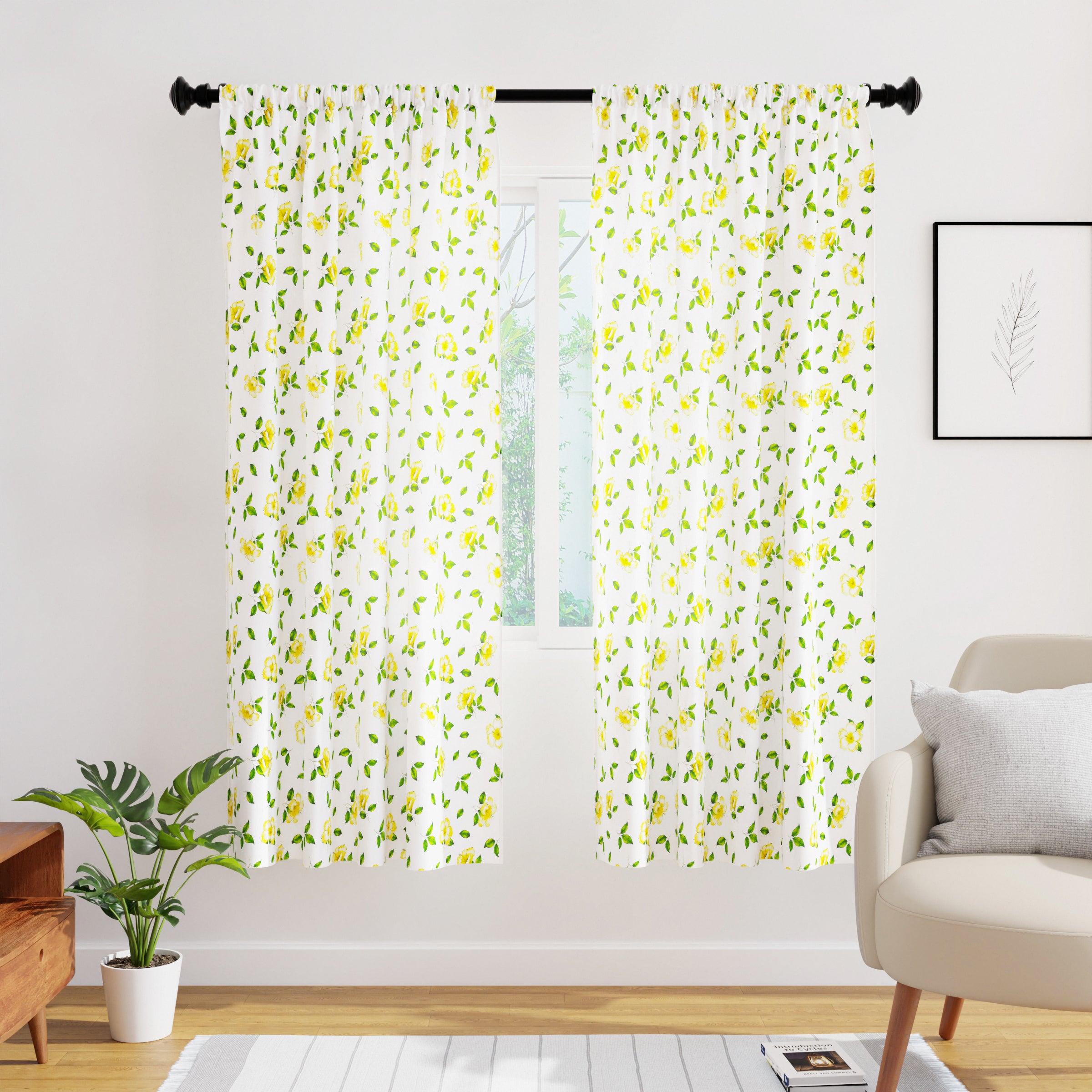 Polyester Hibiscus Yellow Curtain (Pack of 2)