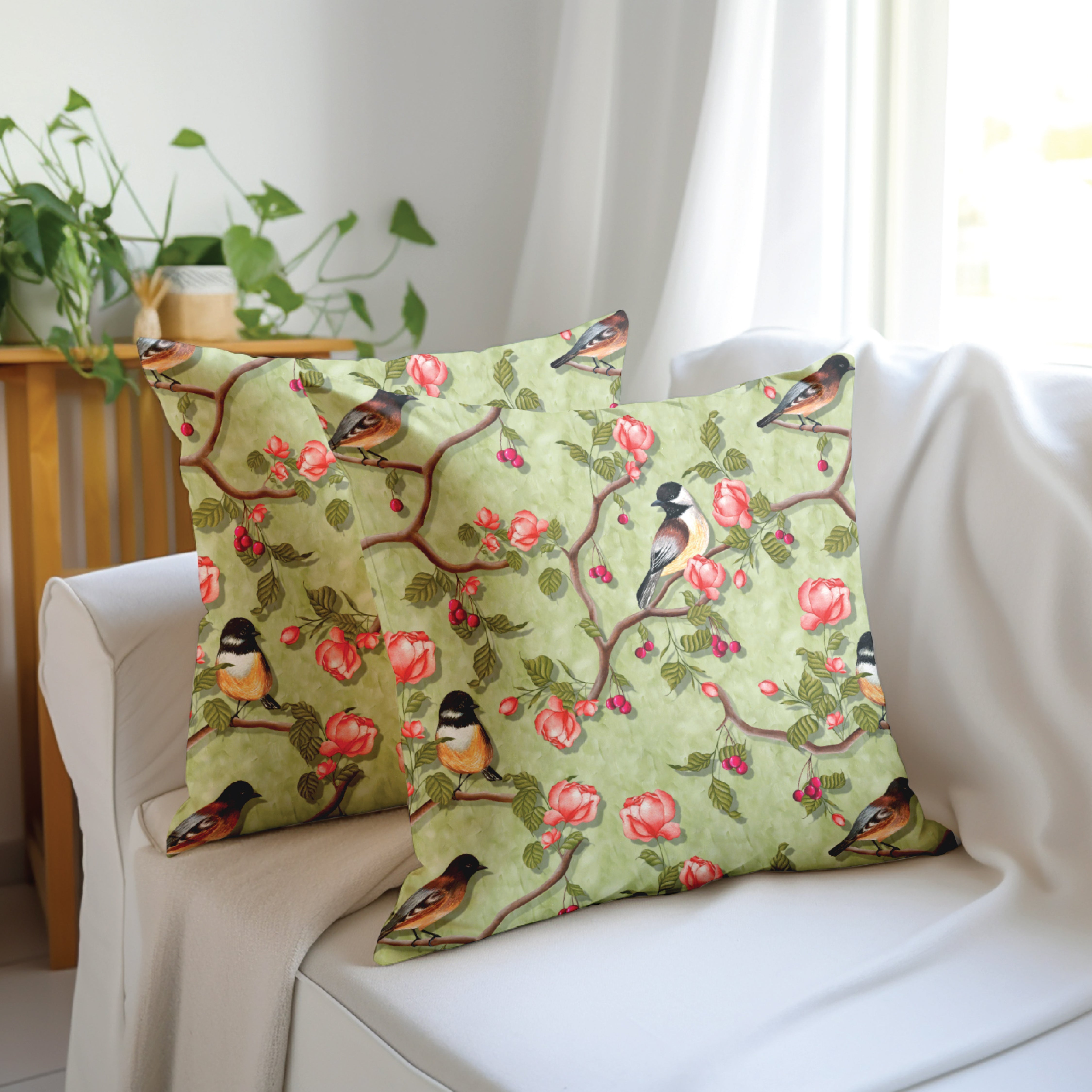 Blackout Polyester Sage Green Birds Cushion Cover
