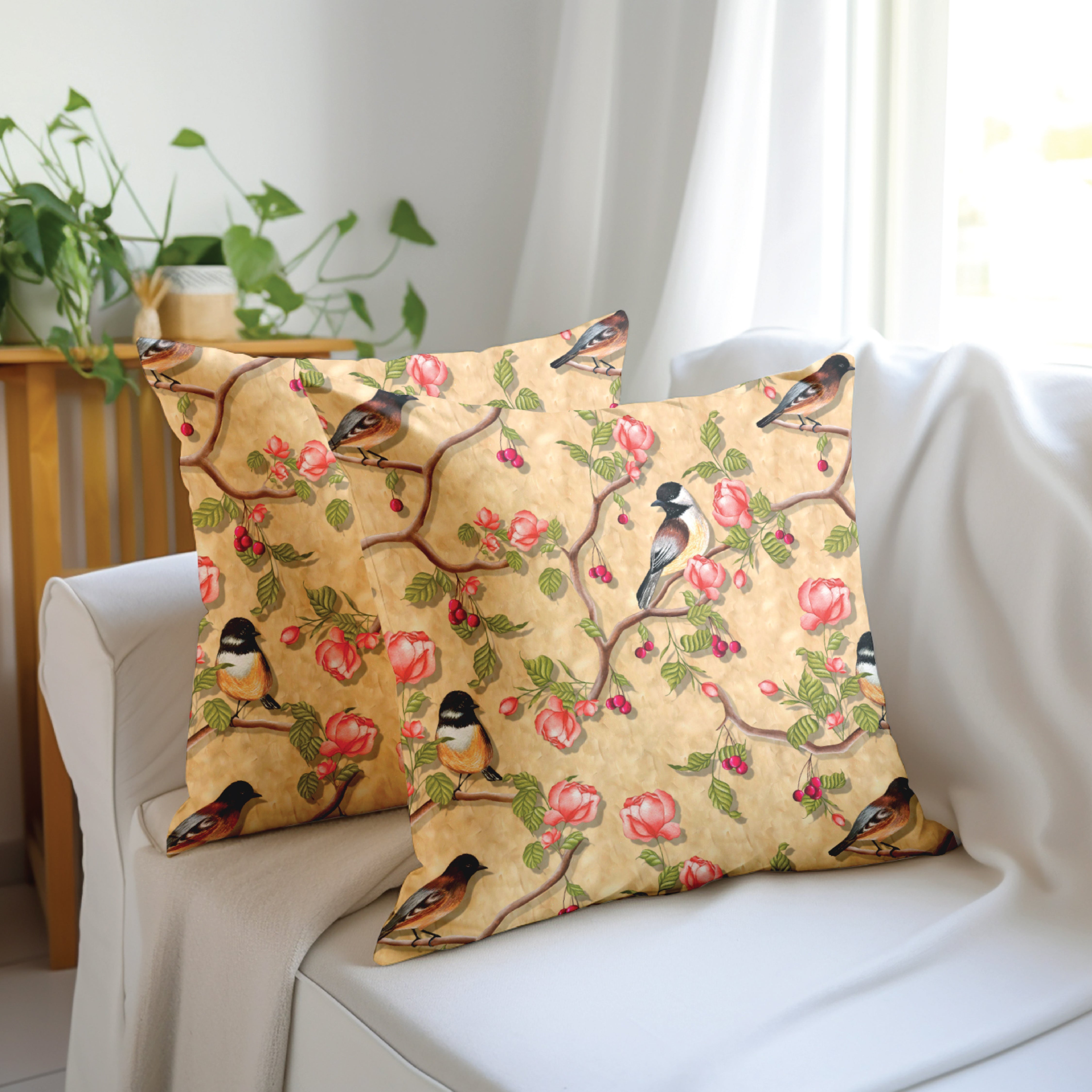 Blackout Polyester Pale Gold Birds Cushion Cover