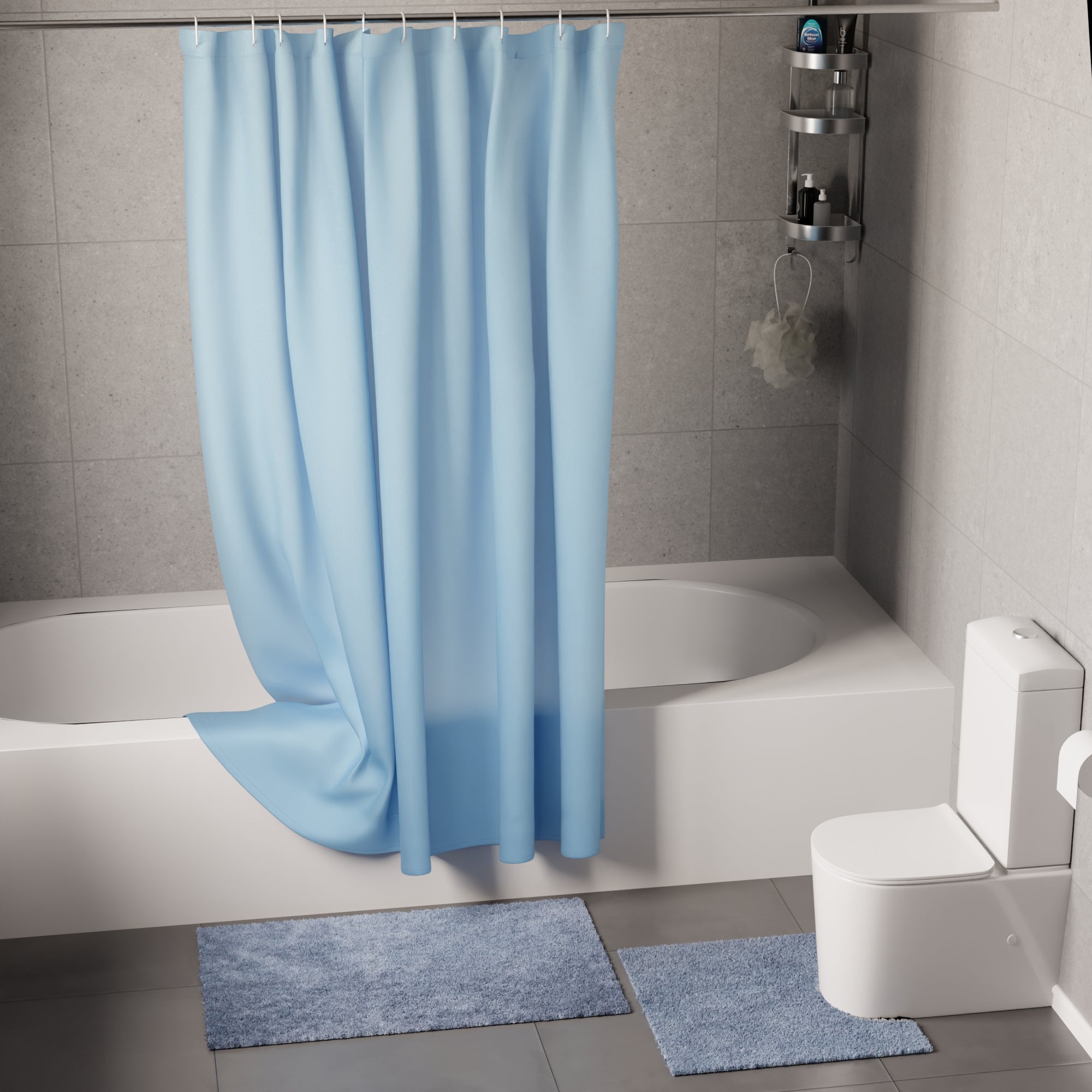 Polyester Blue Shower Curtain + Bathmat (Pack of 3)