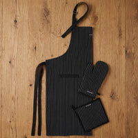 Cotton Butcher Stripes Black Apron + Oven Glove + Pot Holder (Pack of 3)