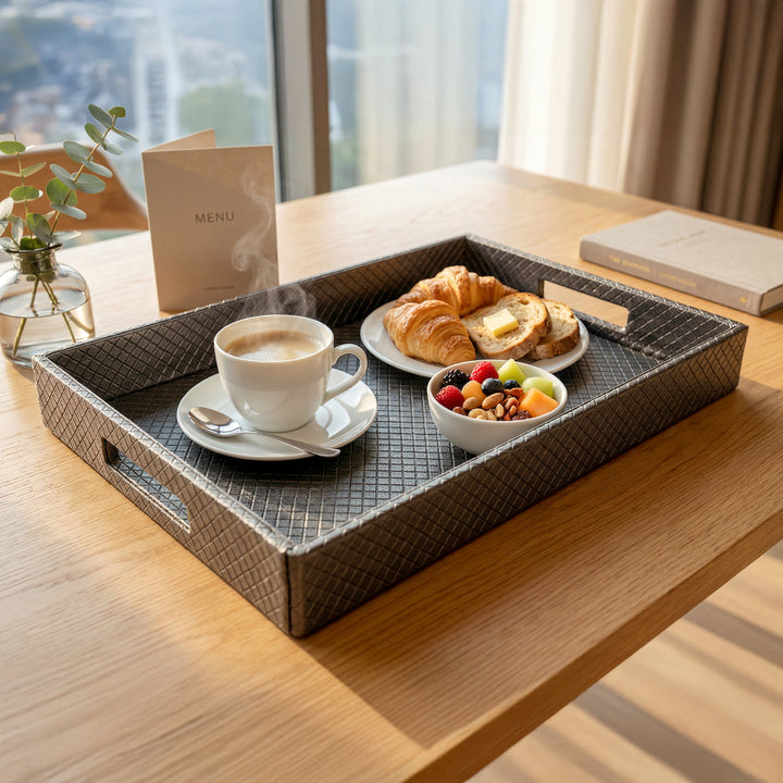 PU-Leather Grey Leather Serving Tray