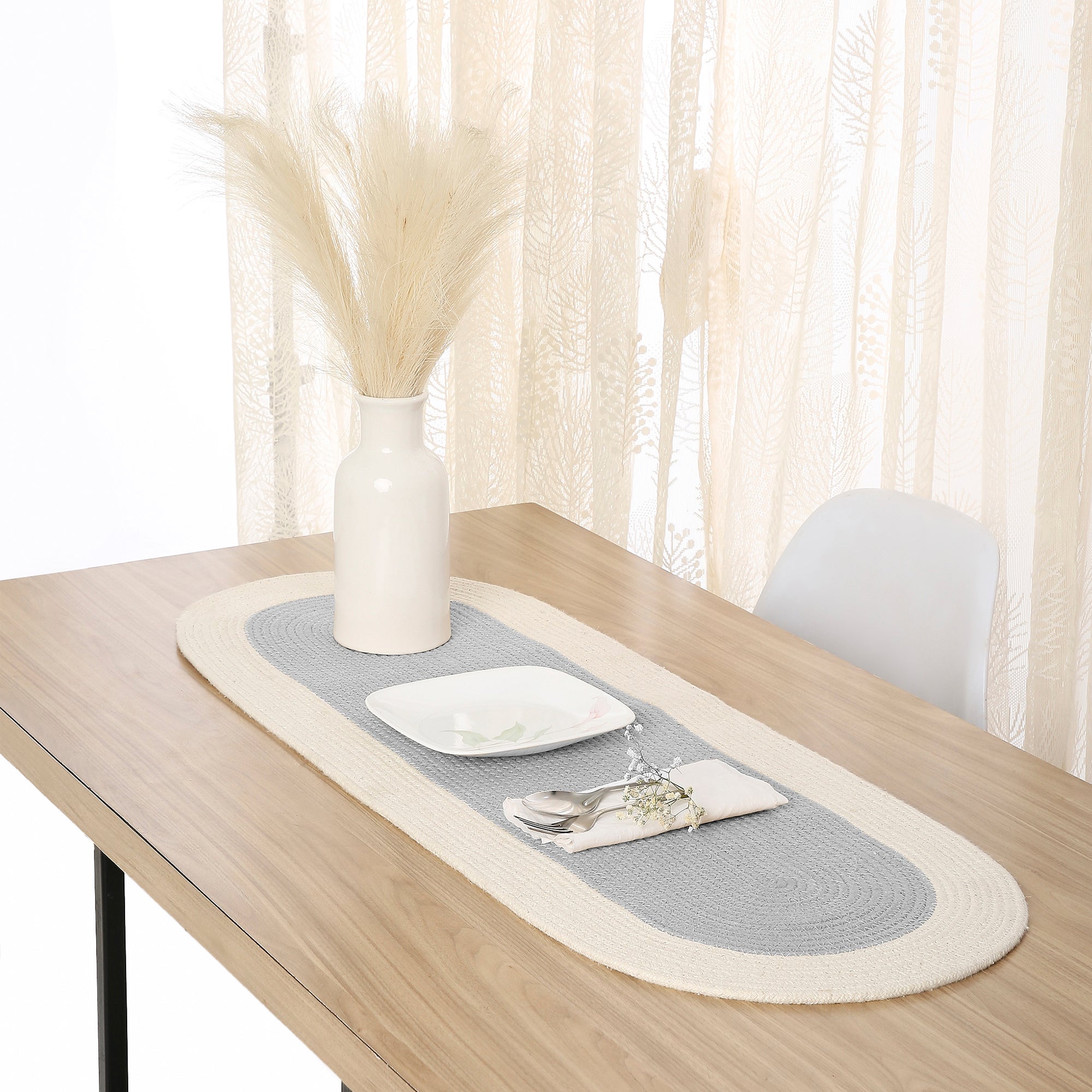 Cotton Light Grey & Off White Table Runner (Pack of 1)