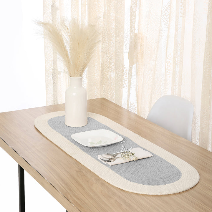 Cotton Light Grey & Off White Table Runner (Pack of 1)
