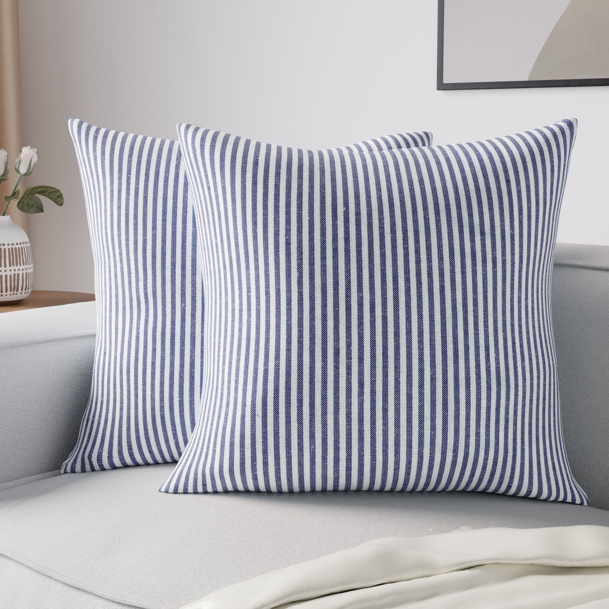 Cotton Ticking Navy Blue Cushion Cover (Pack of 2)
