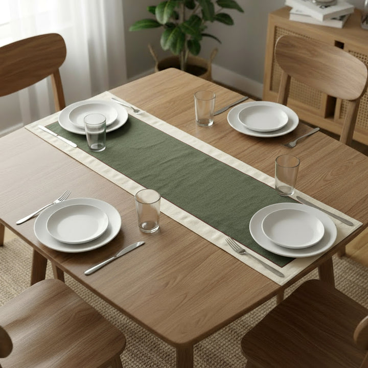 Cotton Off White & Moss Green Table Runner (Pack of 1)