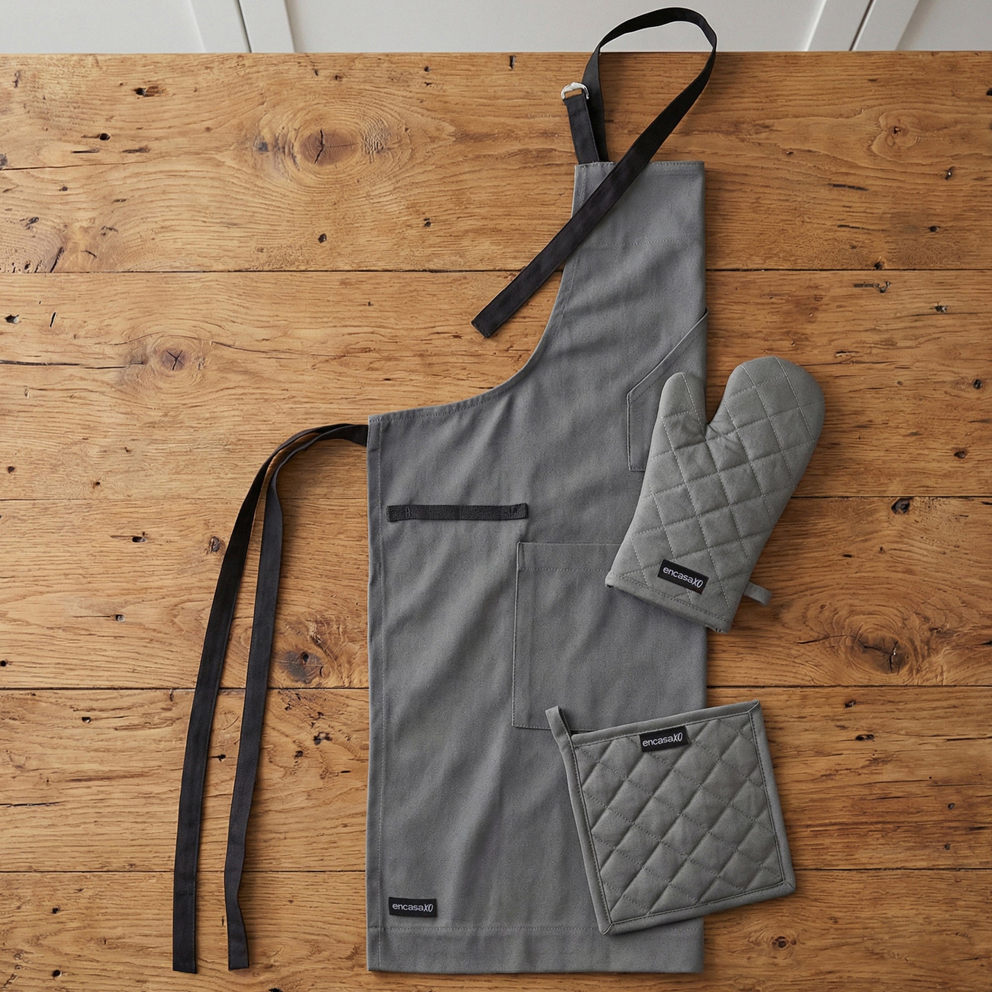 Cotton Grey Apron + Oven Glove + Pot Holder (Pack of 3)