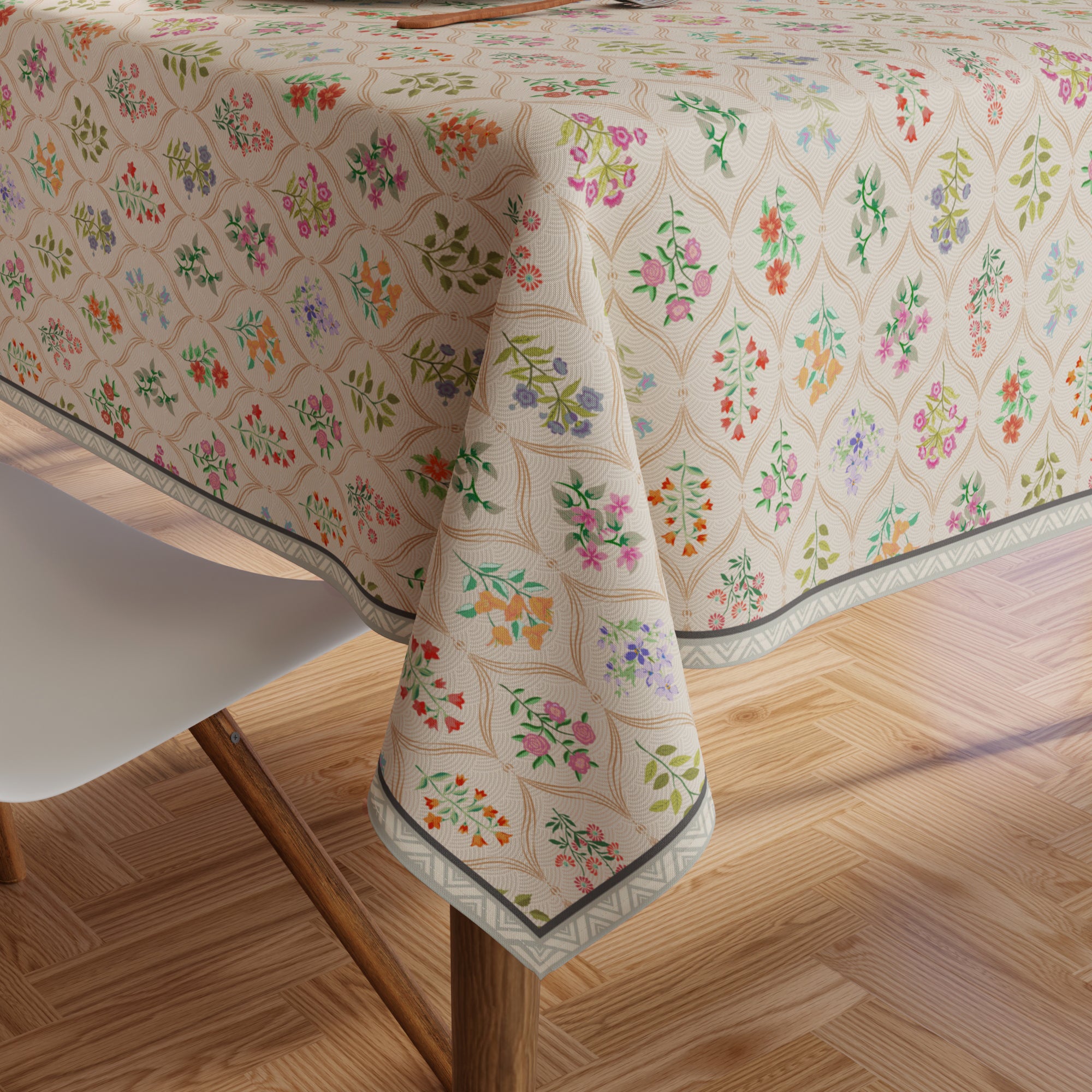 Polyester French Beige Printed Table Cloth (Pack of 1)