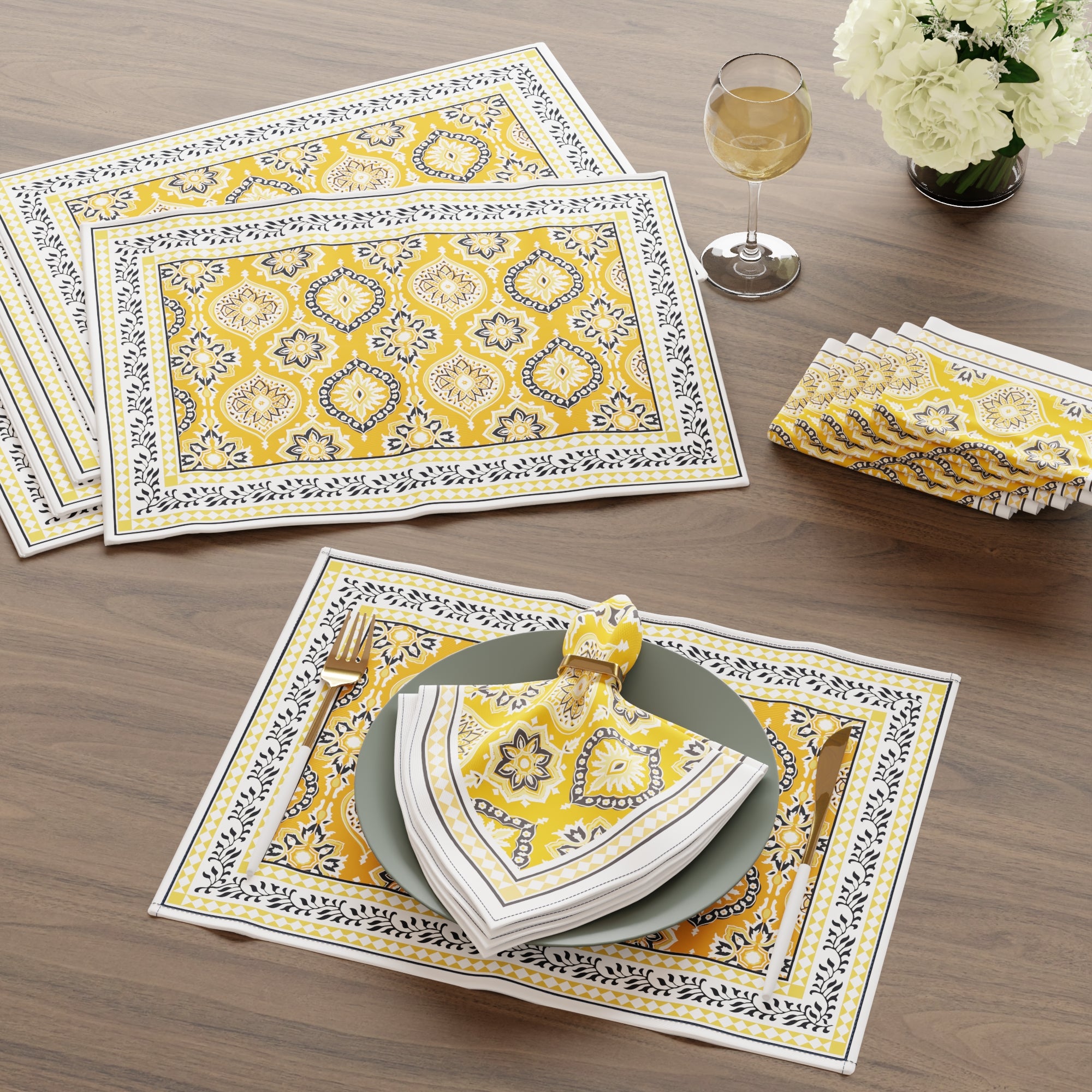 Cotton Canvas Yellow-03 Placemat + Table Napkins