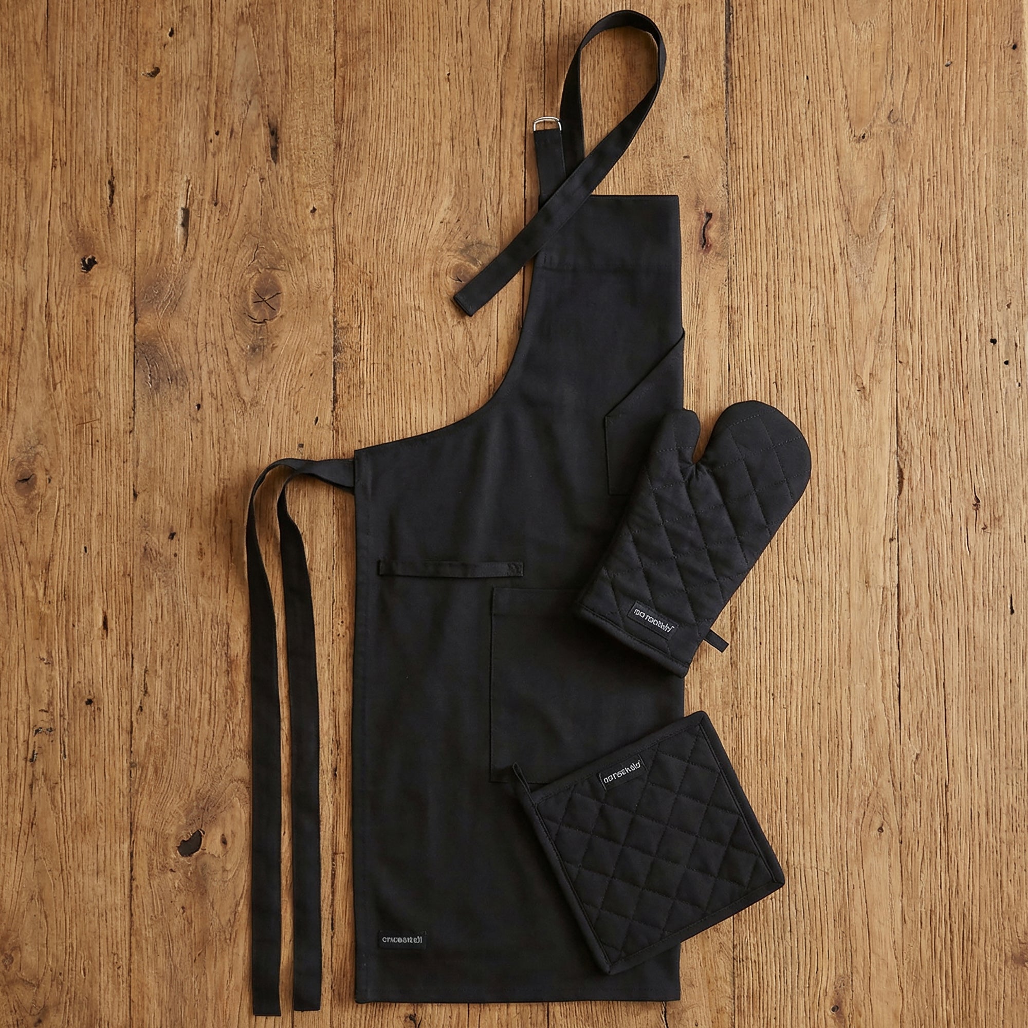 Cotton Full Black Apron + Oven Glove + Pot Holder (Pack of 3)