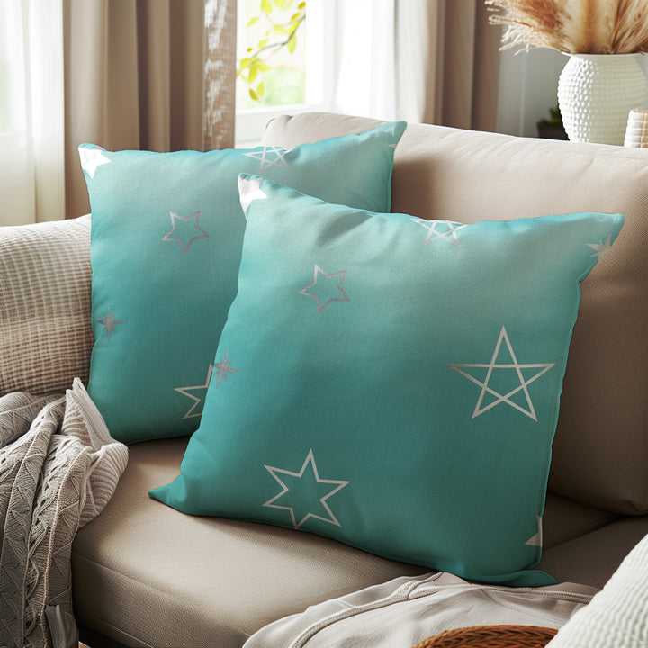 Polyester Blackout Star Teal Cushion Cover (Pack of 2)