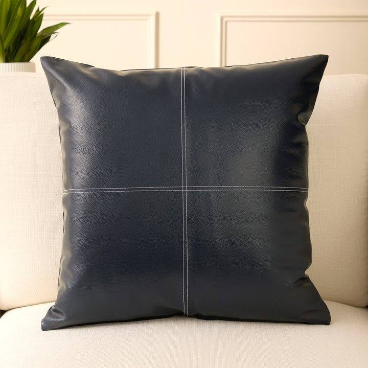 PVC Leather Navy Blue Stitch Cushion Cover (Pack of 1)