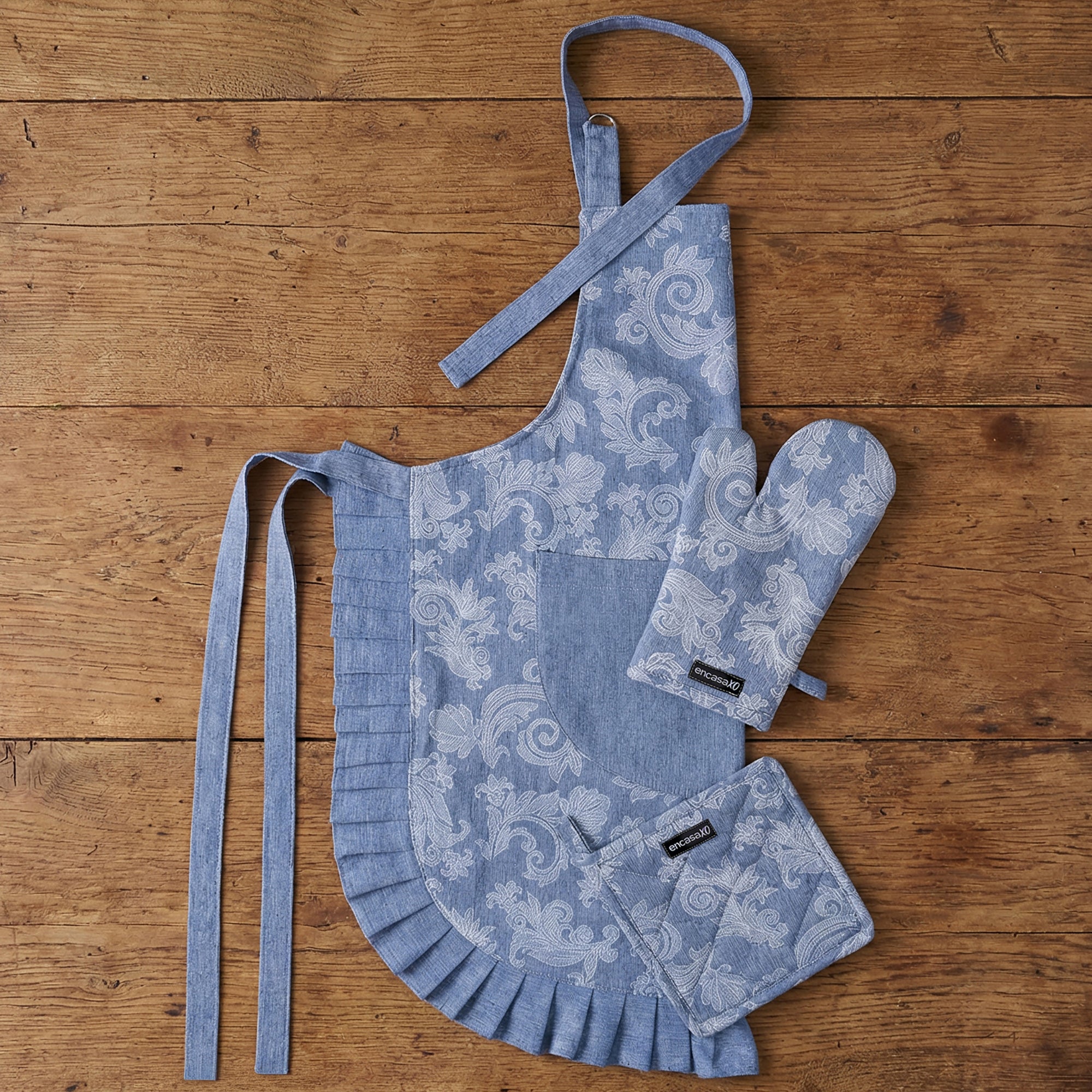 Cotton Floral Blue Apron + Oven Glove + Pot Holder (Pack of 3)