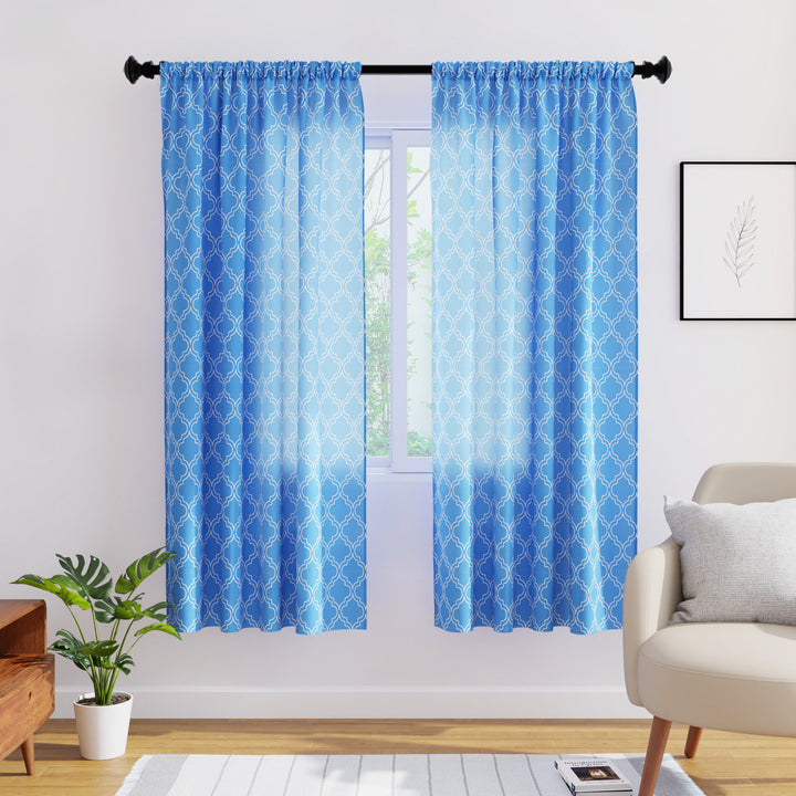Polyester Trellis Blue Curtain (Pack of 2)