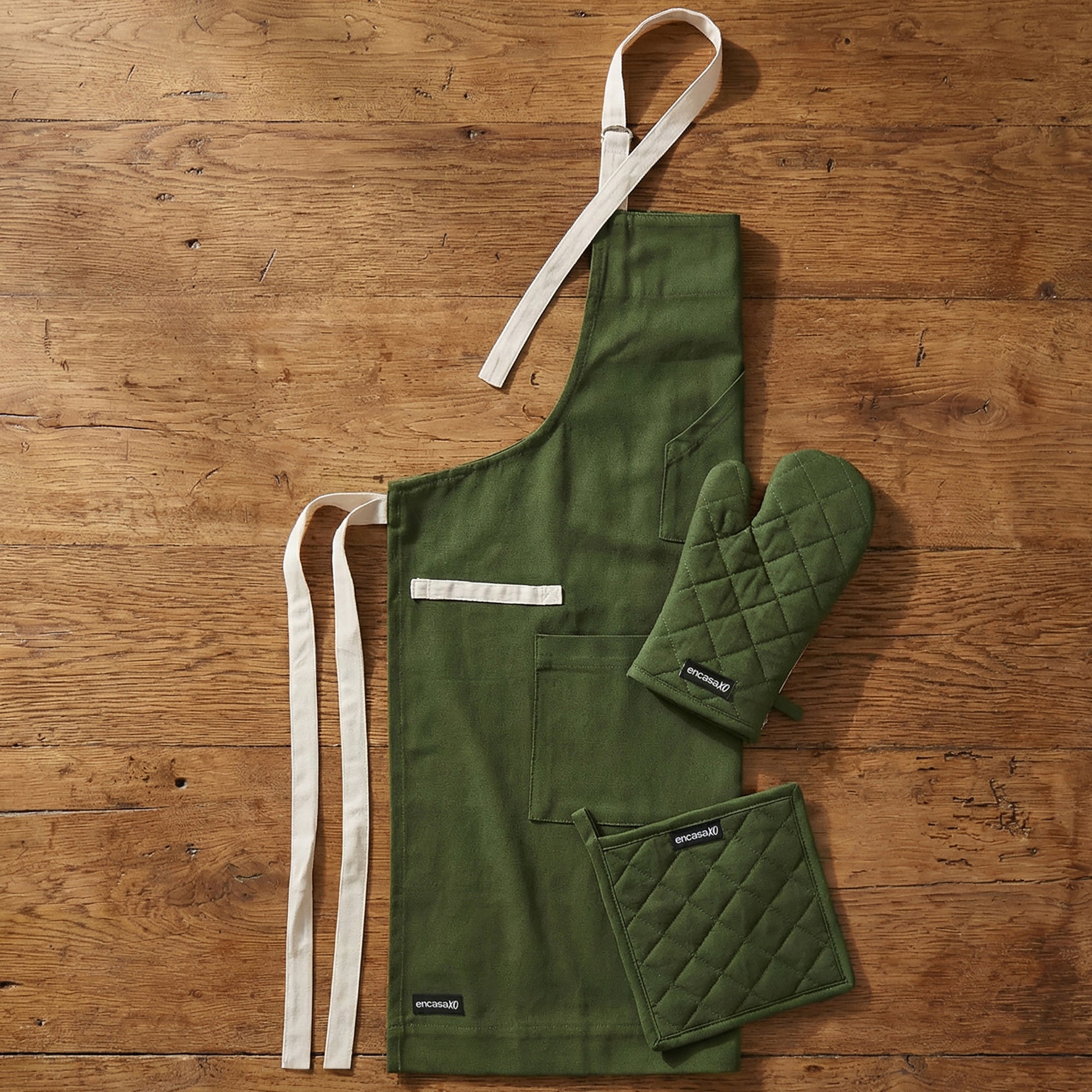 Cotton Leaf Green Apron + Oven Glove + Pot Holder (Pack of 3)