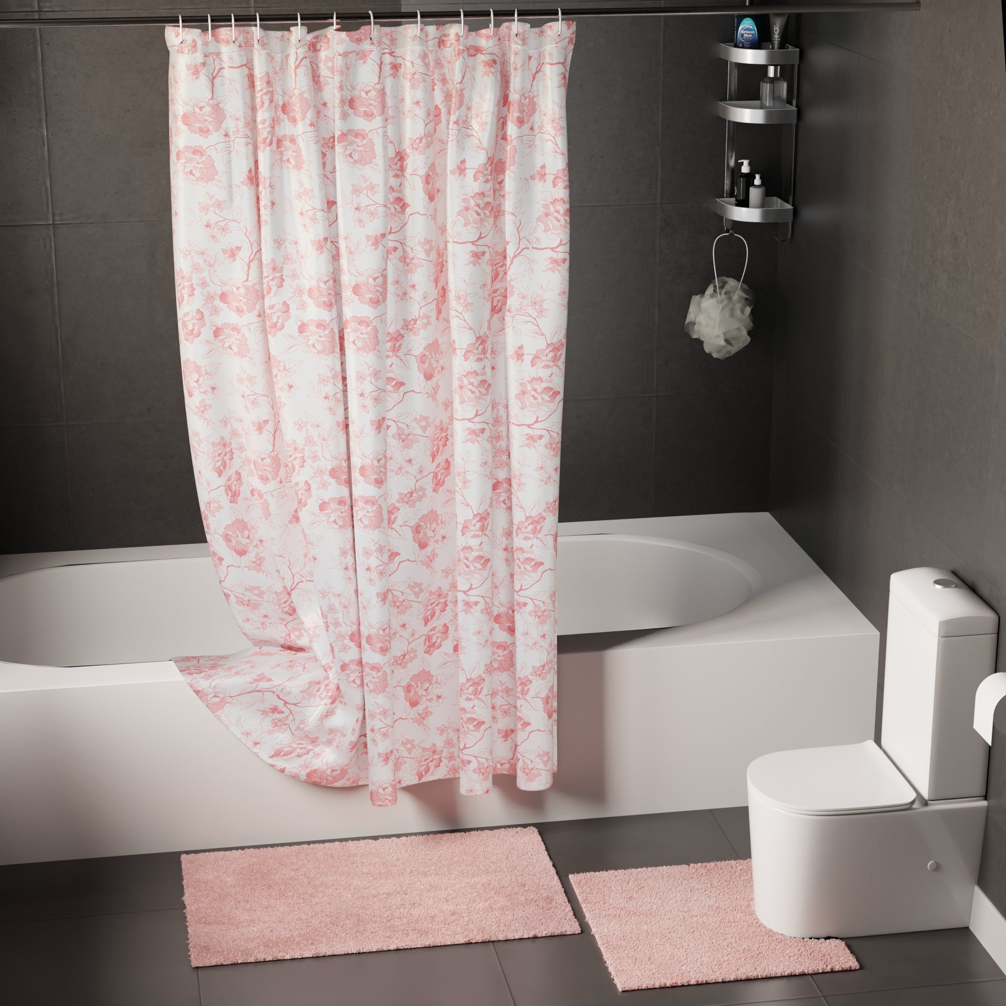 Polyester Pink Carnations Combo Shower Curtain + Bathmat (Pack of 3)