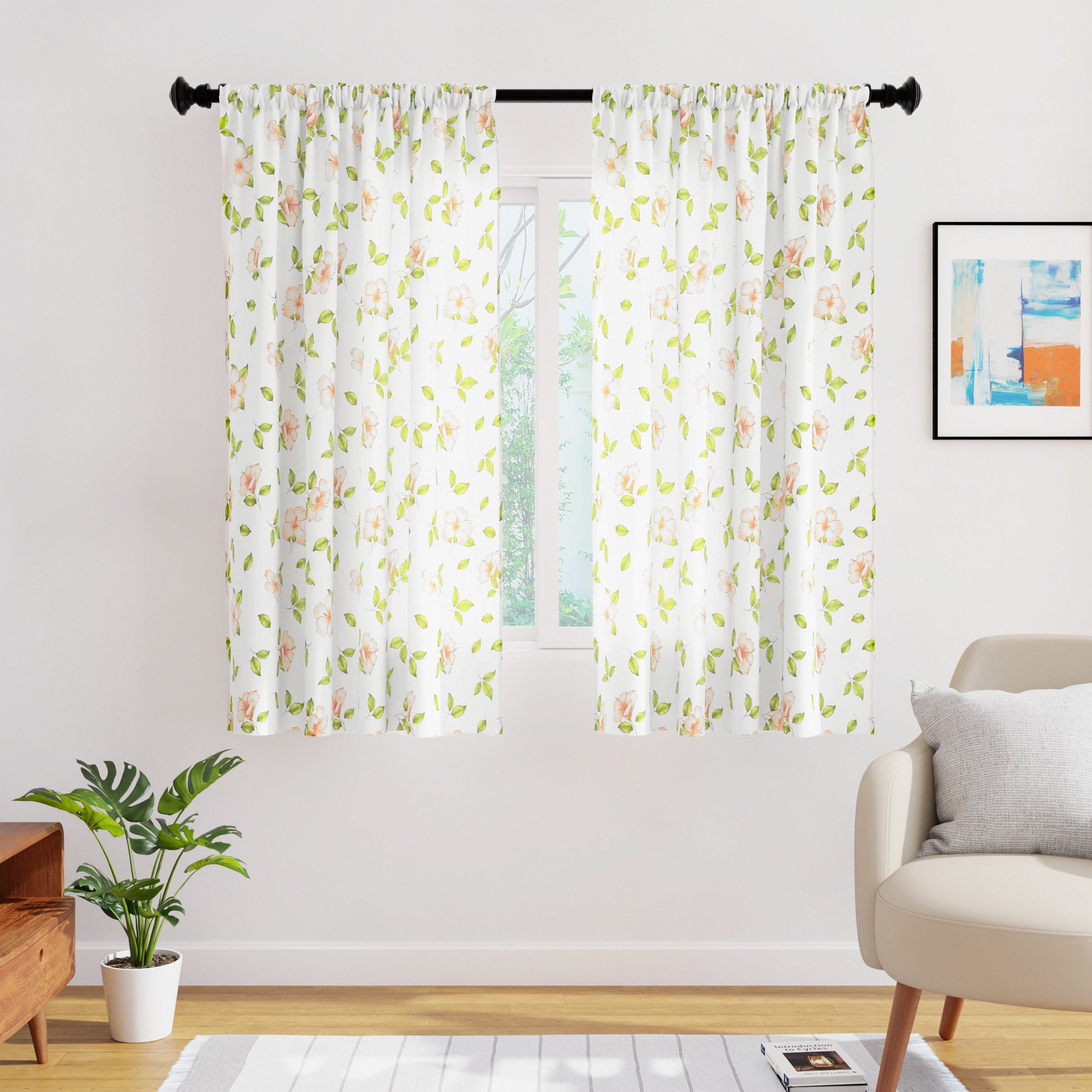 Polyester Hibiscus 2 Curtain (Pack of 2)